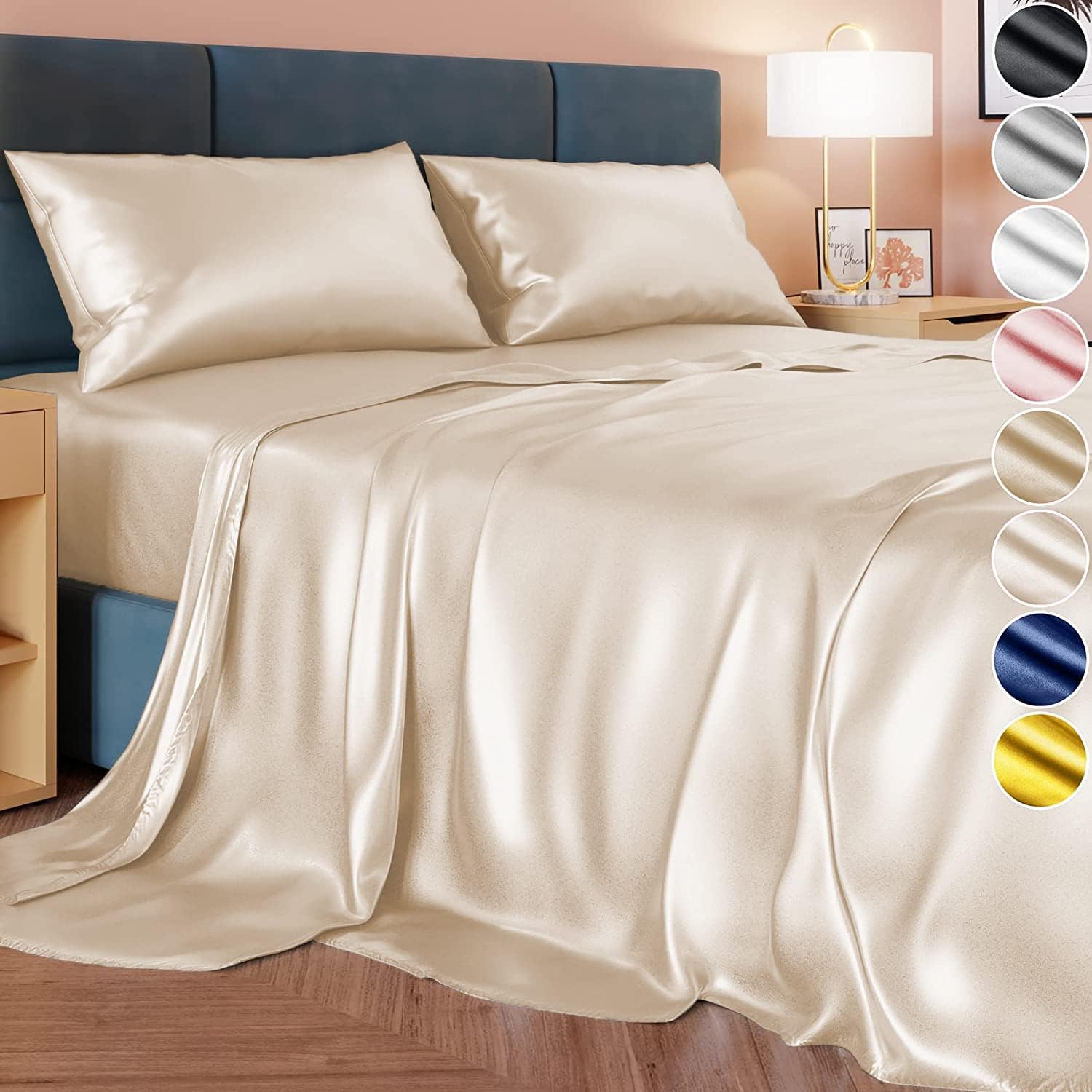 SKADE 3 Pcs Satin Sheets Full Size Satin Bed Sheet Set, Deep Pocket Silky Satin Sheet Set with 1 Fitted Sheet, 1 Flat Sheet, and 1 Pillow Cases, Wrinkle, Fade, Stain Resistant (Twin,Cream)