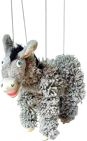 Artisan Owl Donkey Marionette Puppet - Yarn Donkey with Wooden Feet, Detachable Strings
