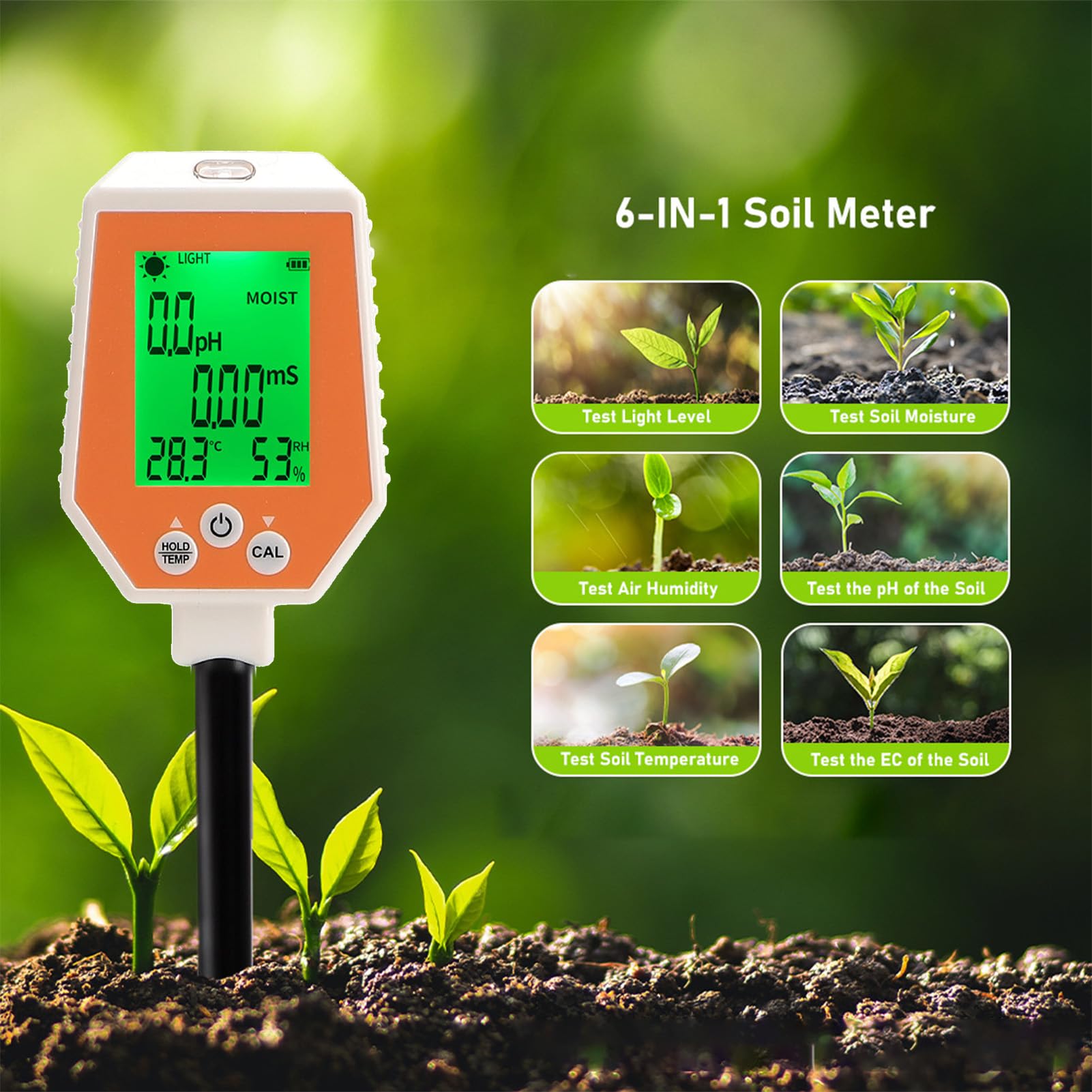 Miernik PH Gleby Tester Tester Digital Gleby dla Roślin, Inteligentny 6 In1 PH Gleby PH Światło Słoneczne PH Płodność PH Gleba Termometr Wilgotności dla Hodowli Trawnika