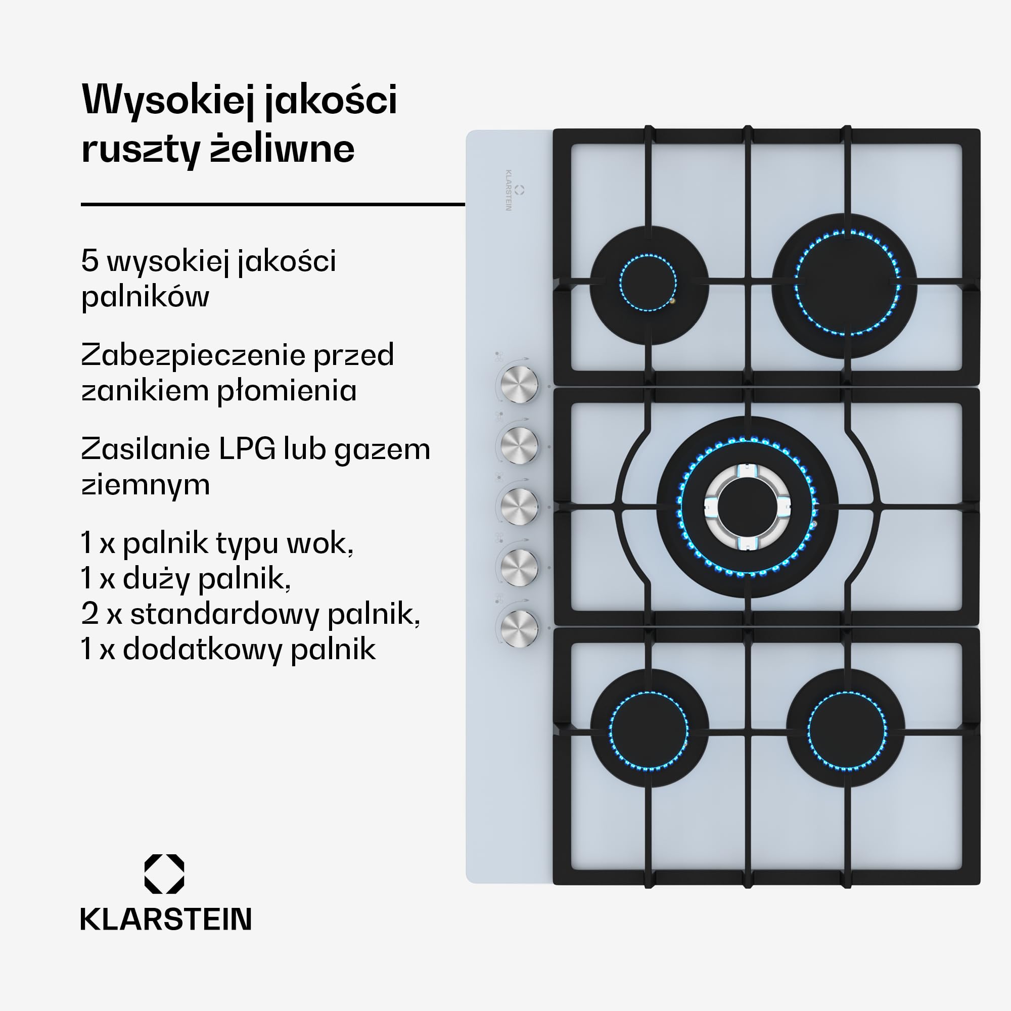 Klarstein Ignito płyta gazowa, 5 palników Sabaf, szkło hartowane, zapłon SnapJet, nasadka do woka, 75 cm, czarna, wydajne i elastyczne gotowanie, na gaz ziemny i LPG, łatwa w czyszczeniu