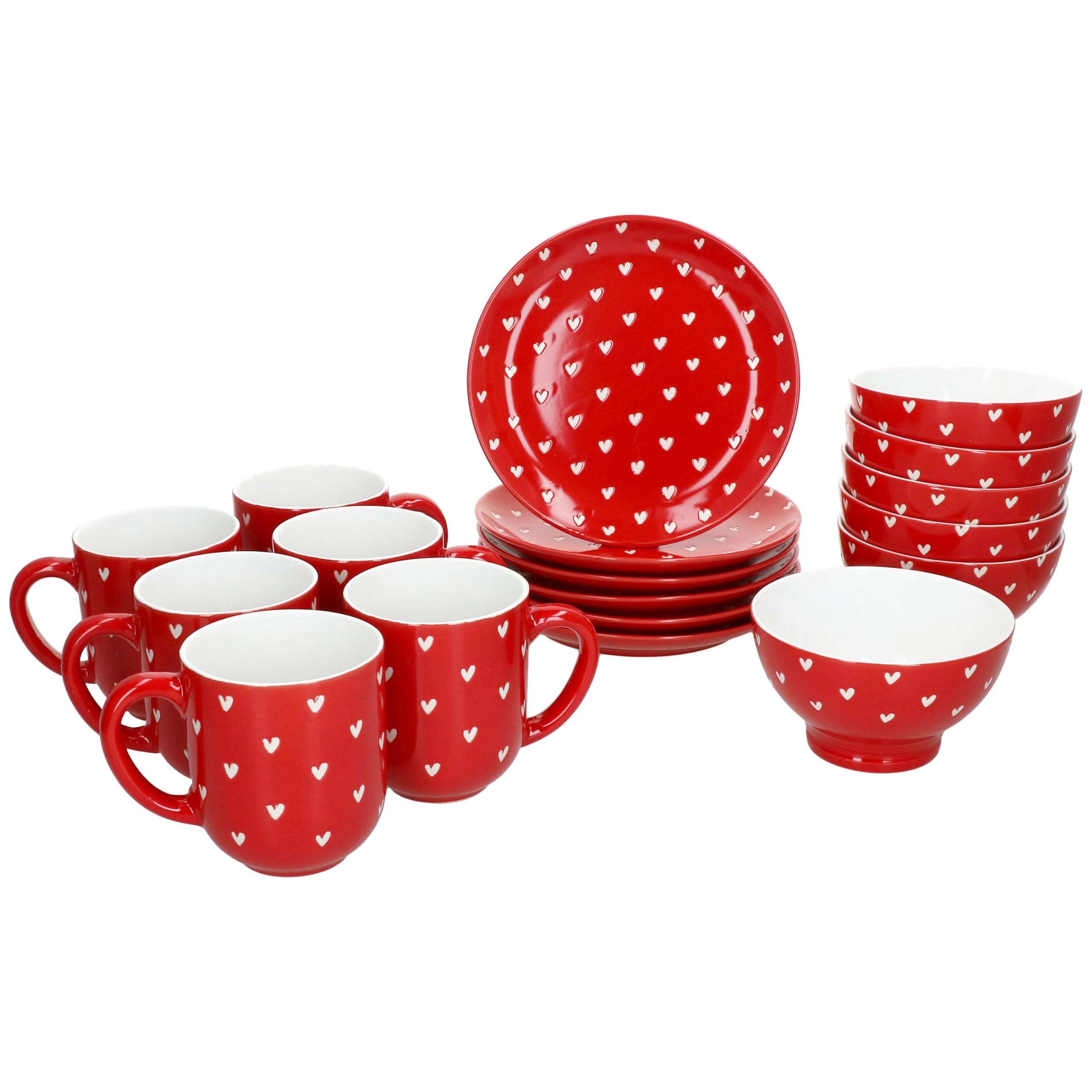 MamboCat Love 18tlg Frühstücksset I 6X Kuchenteller Ø19,5cm, 6X Müslischalen 500ml 6X Kaffeebecher 300ml I Porzellan Geschirr rot mit weißen Herzen I für Frühstück & Kaffeezeit