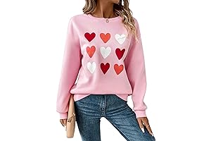 Floerns Valentine's Day Women's Pink Heart Pattern Crewneck Sweater