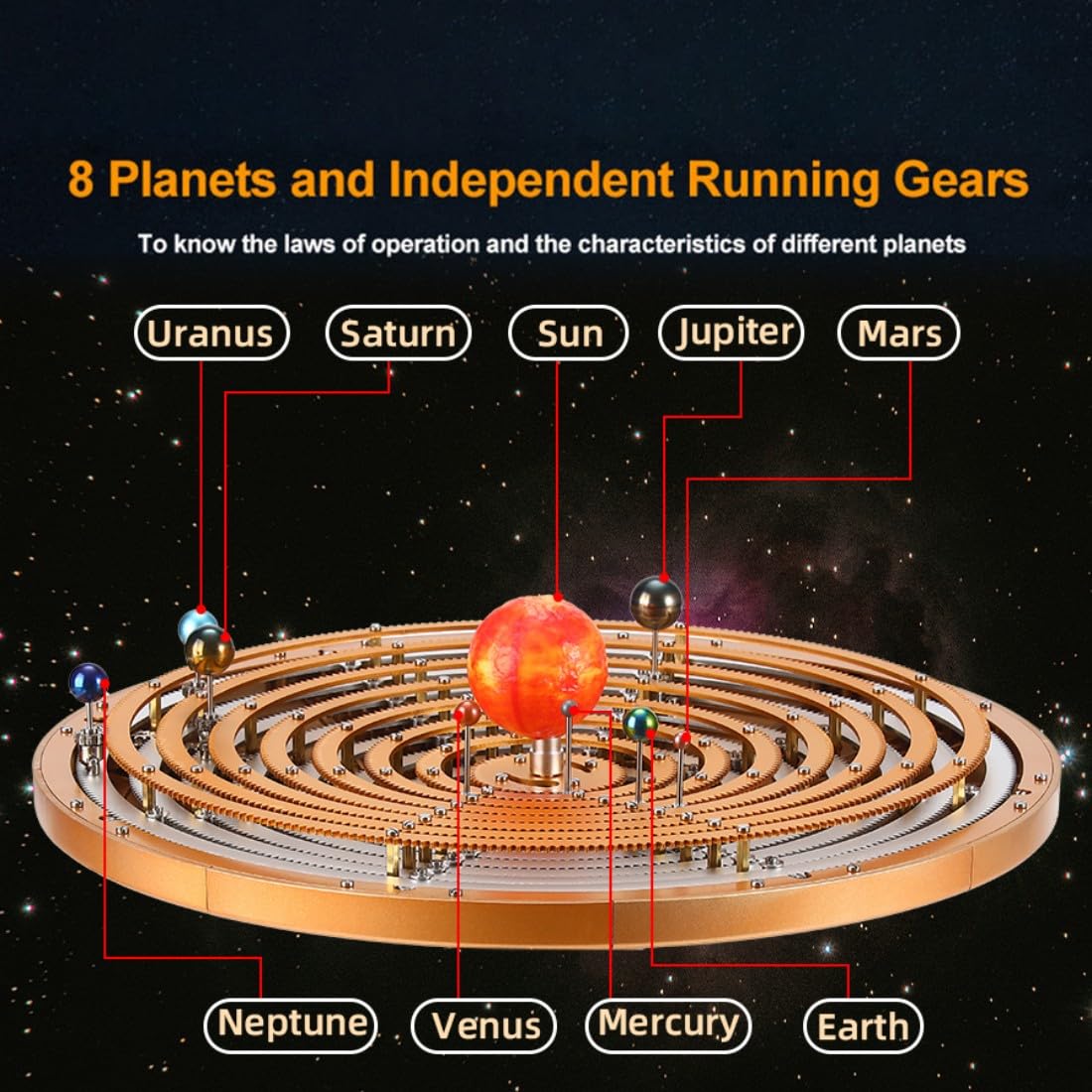 Sistema solare meccanico modello con 9 pianeti, ingranaggi in metallo Orrery, kit di apprendimento astronomico, modello da tavolo decorativo