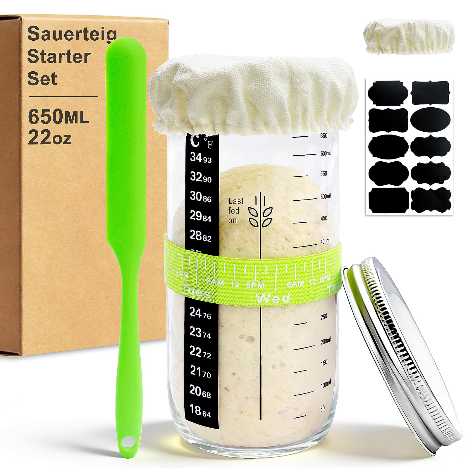 Sauerteig Starter Set - 650ML Sauerteig Glas mit Silikonspachtel, Tischaufkleber - brot backen zubehör, Fermentierglas für Anfänger &Zuhause Backen (Grün-Standard, 650ML)