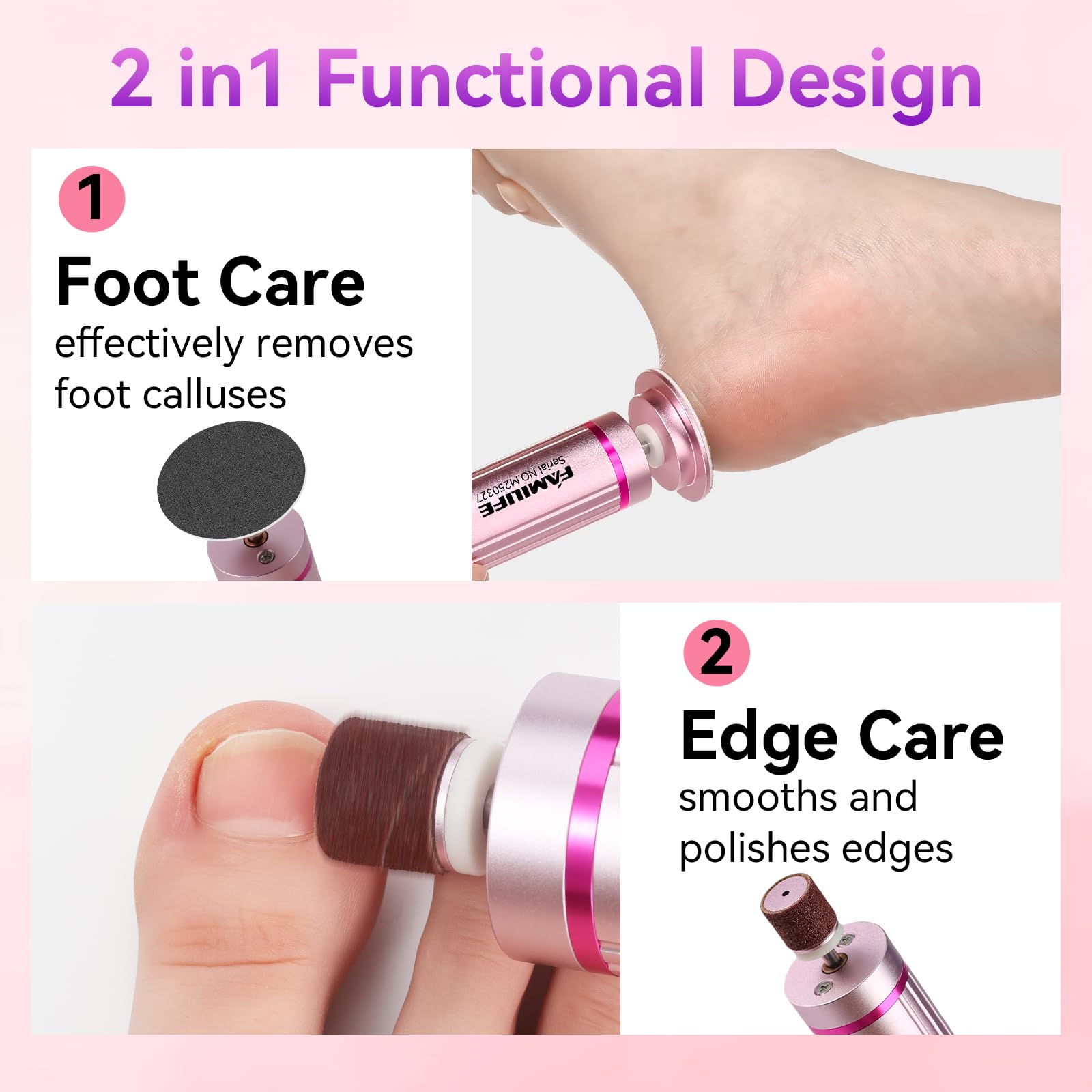 FAMILIFE Lime électrique pour callosités - Outil de pédicure rechargeable avec écran d'affichage, disques de papier abrasif remplaçables, rotation avant et arrière, pour homme et femme