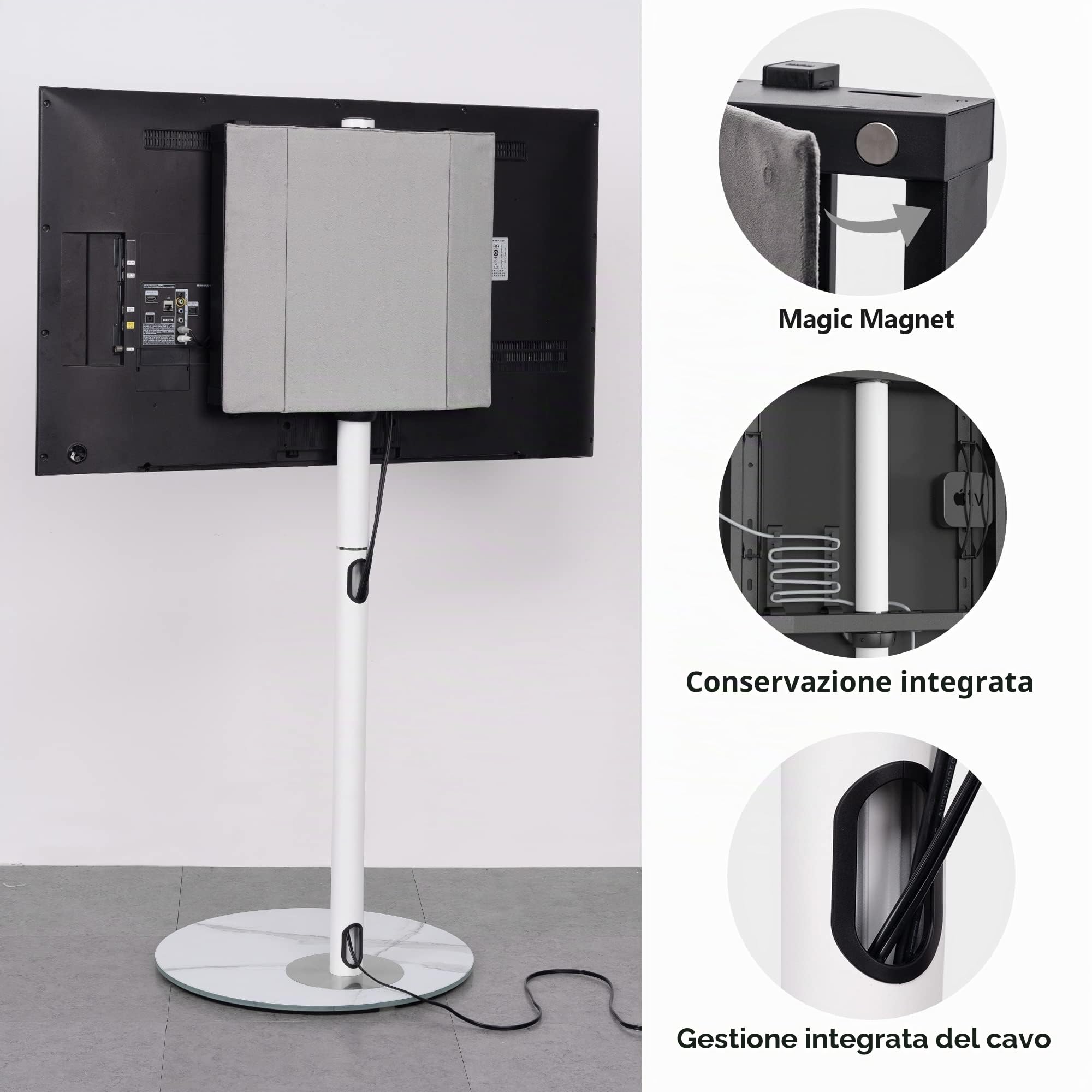 FITUEYES Supporto TV da pavimento di in stile scandinavo per supporto TV ad angolo da 32" a 60" serie Master con base in vetro strutturato Rockslab Gestione dei cavi nascosta