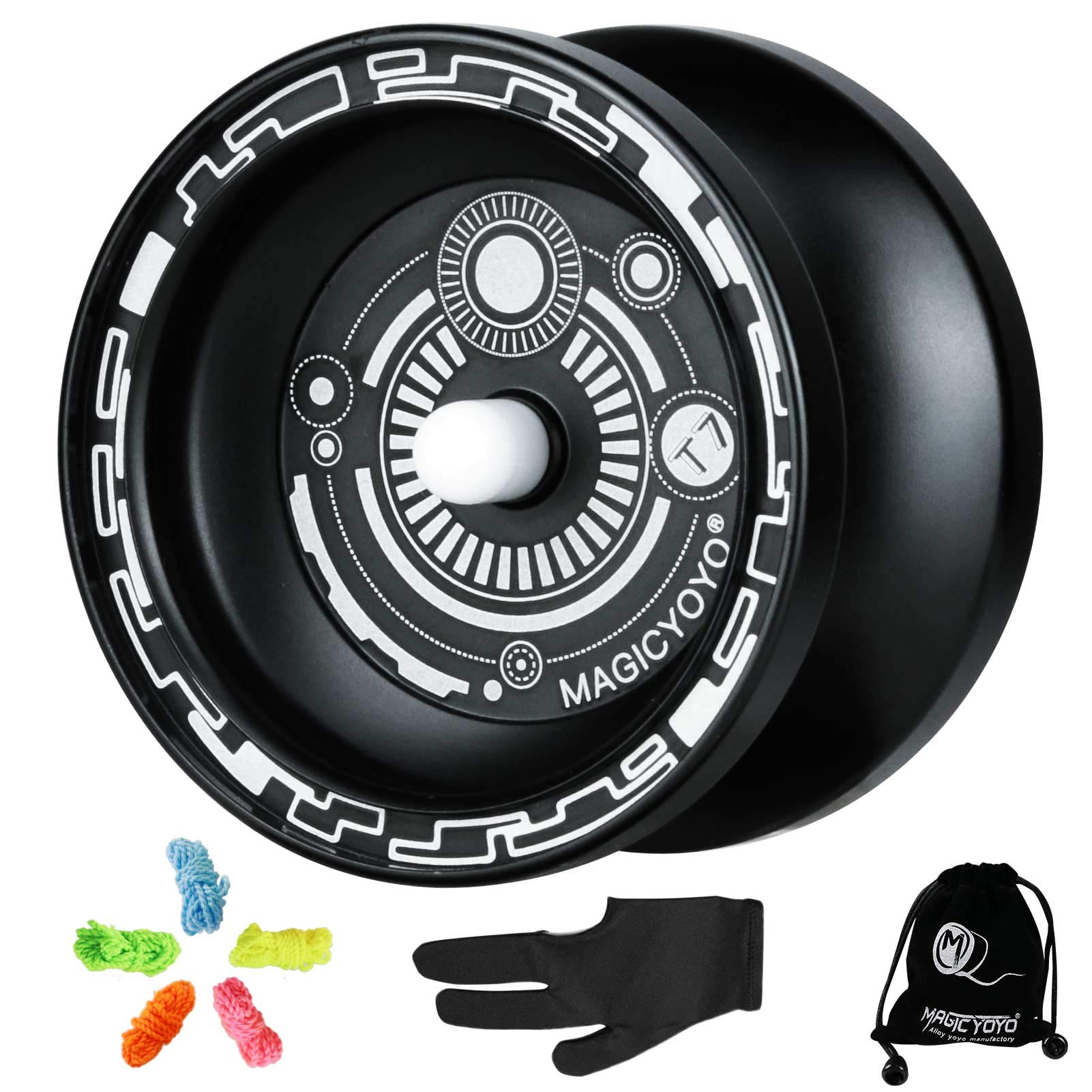 Responsive Yoyo T7 Beginner Yoyo for Kids, Metal Professional Yoyo with Narrow C Bearing, Easy to Return and Practise String Tricks, Bonus - 5 Replacement Yoyo Strings, Yo-yo Bag, Yo Yo Glove (Black)