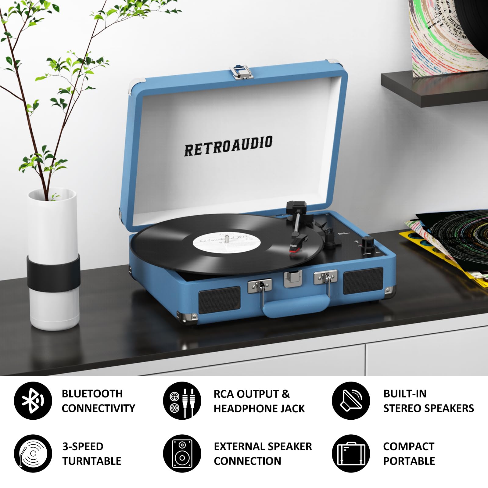 RetroAudio Odtwarzacz płyt winylowych Bluetooth Vintage Przenośna walizka gramofon z wbudowanymi głośnikami, 3-biegowy odtwarzacz płyt z napędem pasowym, obsługuje wyjście RCA i wyjście słuchawkowe