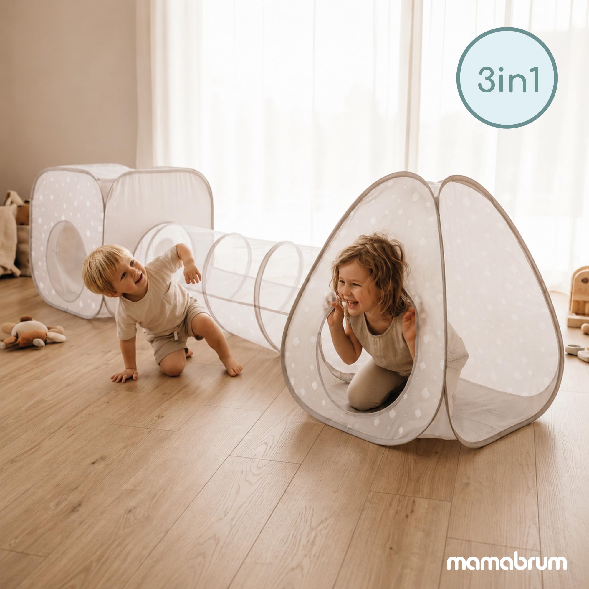 mamabrum 3-in-1 Spielzelt Set für Kinder, Dreieckszelt mit Tunnel und Spielwürfel, Polyester, Grau mit weißem Muster, 80 × 80 × 86 cm, ab 36 Monaten, Indoor