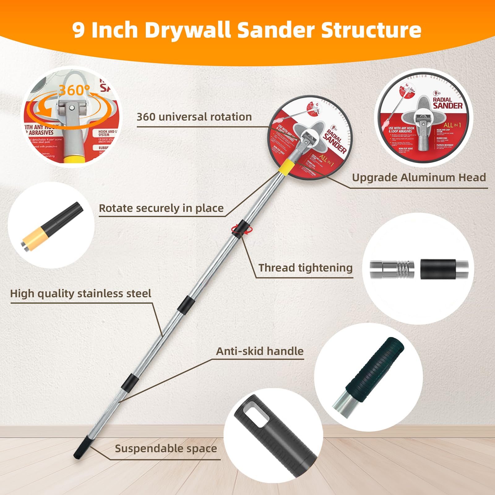 9 Inch Drywall Sander Pole Kit - Extend Your Reach! -3
