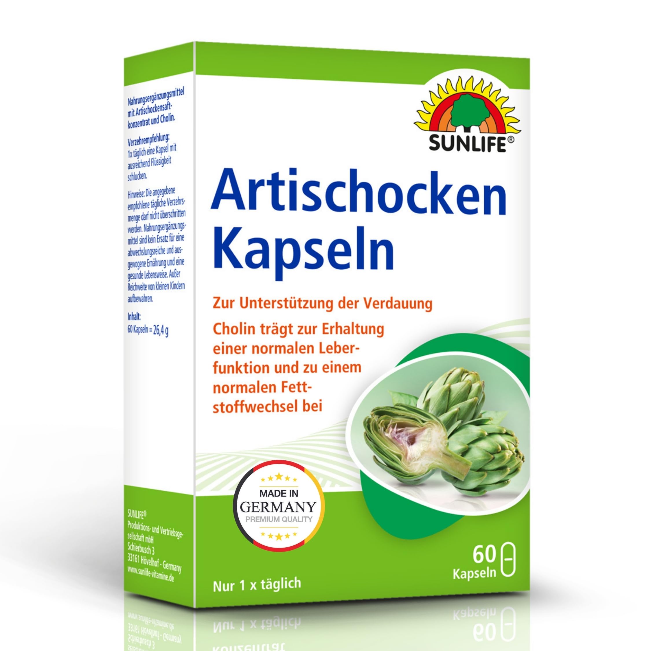 SUNLIFE Artischocken Kapseln hochdosiert I 1 x 60 Stück I Cholin mit Artischockensaftkonzentrat I Bitterstoffe für Verdauung & normale Leberfunktion I glutenfrei laktosefrei sojafrei