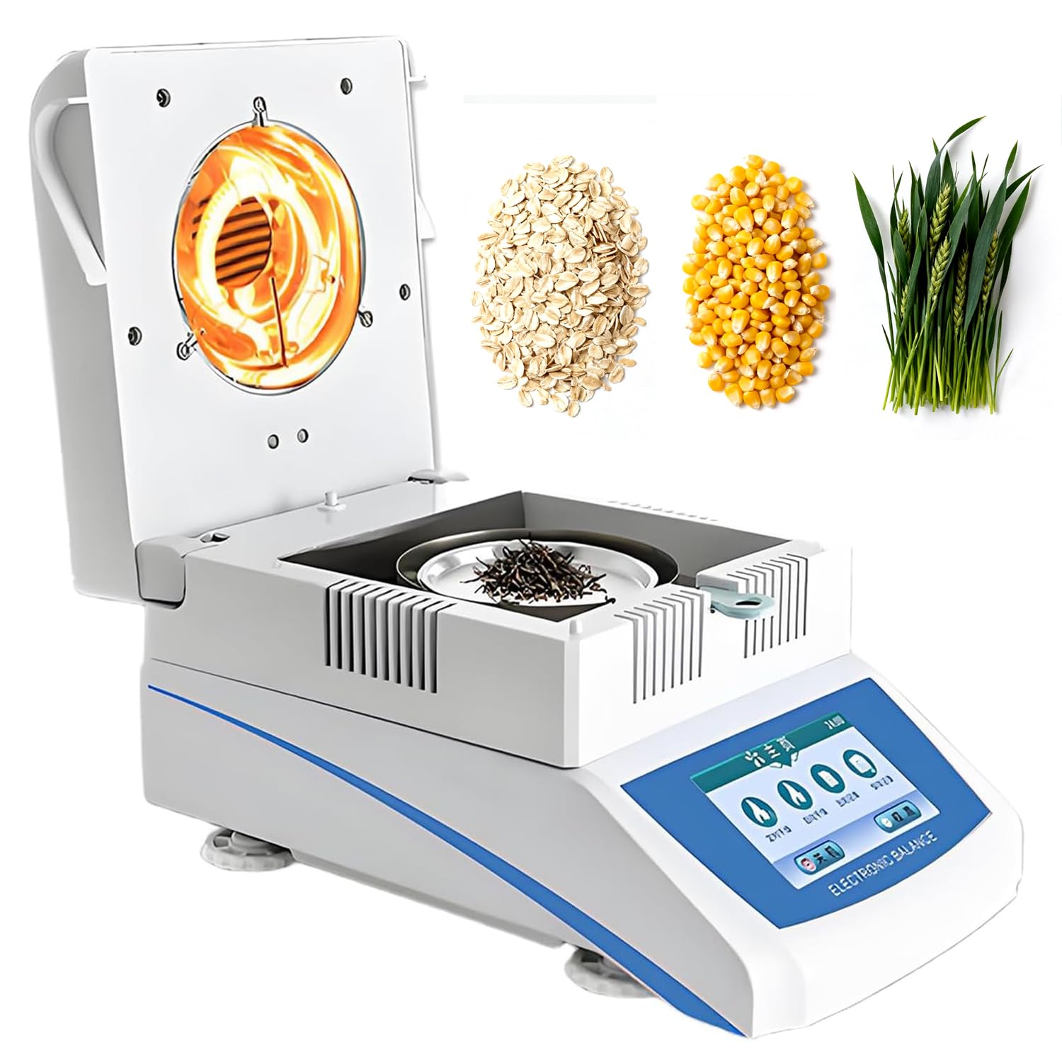 Analizator wilgoci, cyfrowy tester o wysokiej dokładności 0,001 g, 60-160℃, podwójne tryby suszenia, timer 0-99 min do analizy ziaren, herbaty, drewna, ziół i gleby