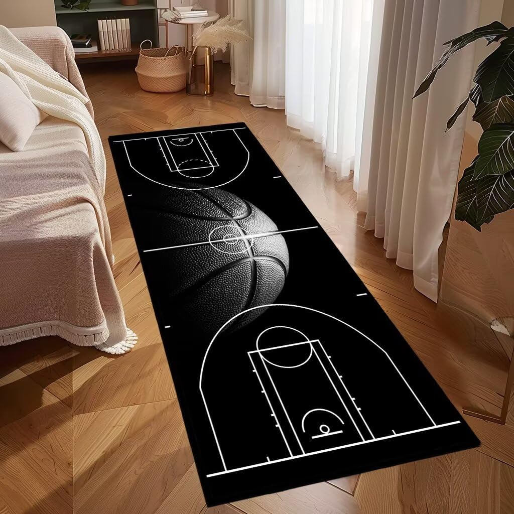 Basketball Rug 2x6 Throw Rug Sports Kitchen Runners Ultra-Thin Low Pile Carpet Washable Hallway Rugs Basketball Court Rugs Black Non-Slip Floor Carpets for Bedroom Bathroom Living Room Kitchen
