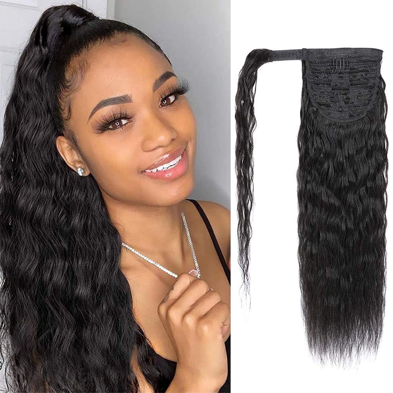 100% Real Human Hair Ponytail Wrap Around Hair Extensions Water Wave, Magic Paste Natural Wavy Deep Curly Ponytail for Black Women (16 Inch)