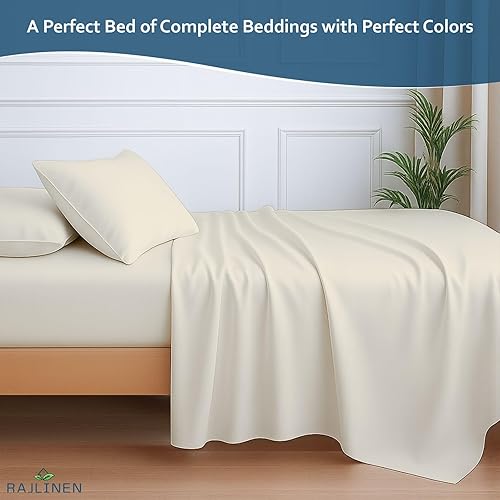Miniatura 2 de Rajlinen Juego de sábanas de algodón egipcio de 4 piezas, 600 hilos, bolsillo profundo de 16 pulgadas, tamaño King, color marfil sólido