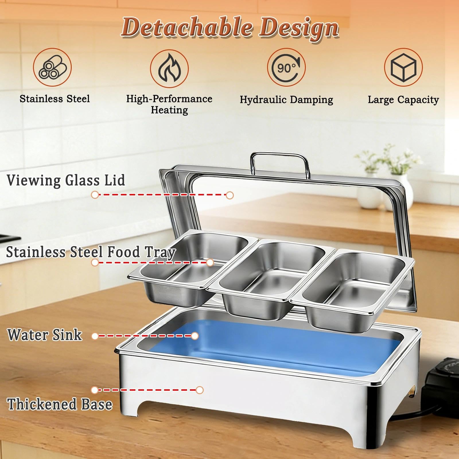Chafing Dish Buffet Elettrico, 9L Contenitore Scalda Cibo Professionale con Coperchio in Vetro Trasparente, Scaldavivande Buffet Elettrico per Buffet, Feste e Banchetti(FYLL Pan)