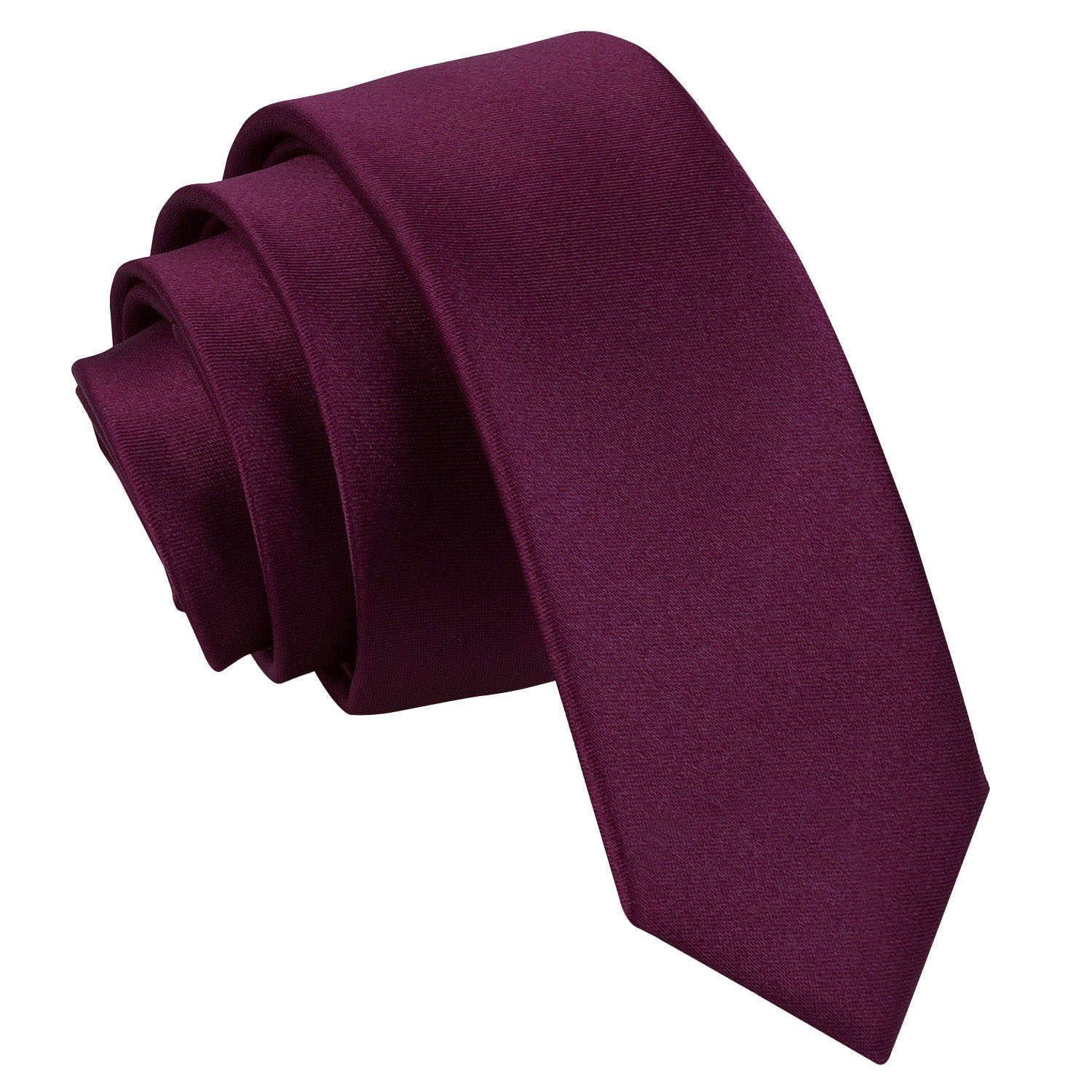 DQT Mens Plain Satin Tie - 5cm Skinny Width Necktie - Wedding, Business & Formal - Plum