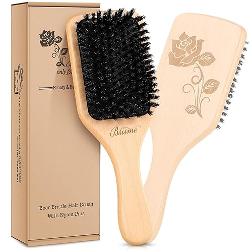 Bsisme Hair Brush, Boar Bristle Hair Brushes for Women Men Kid, Natural Bristles Paddle Brush for Thin Fine Hair, Restore Shine and Texture, Enhance