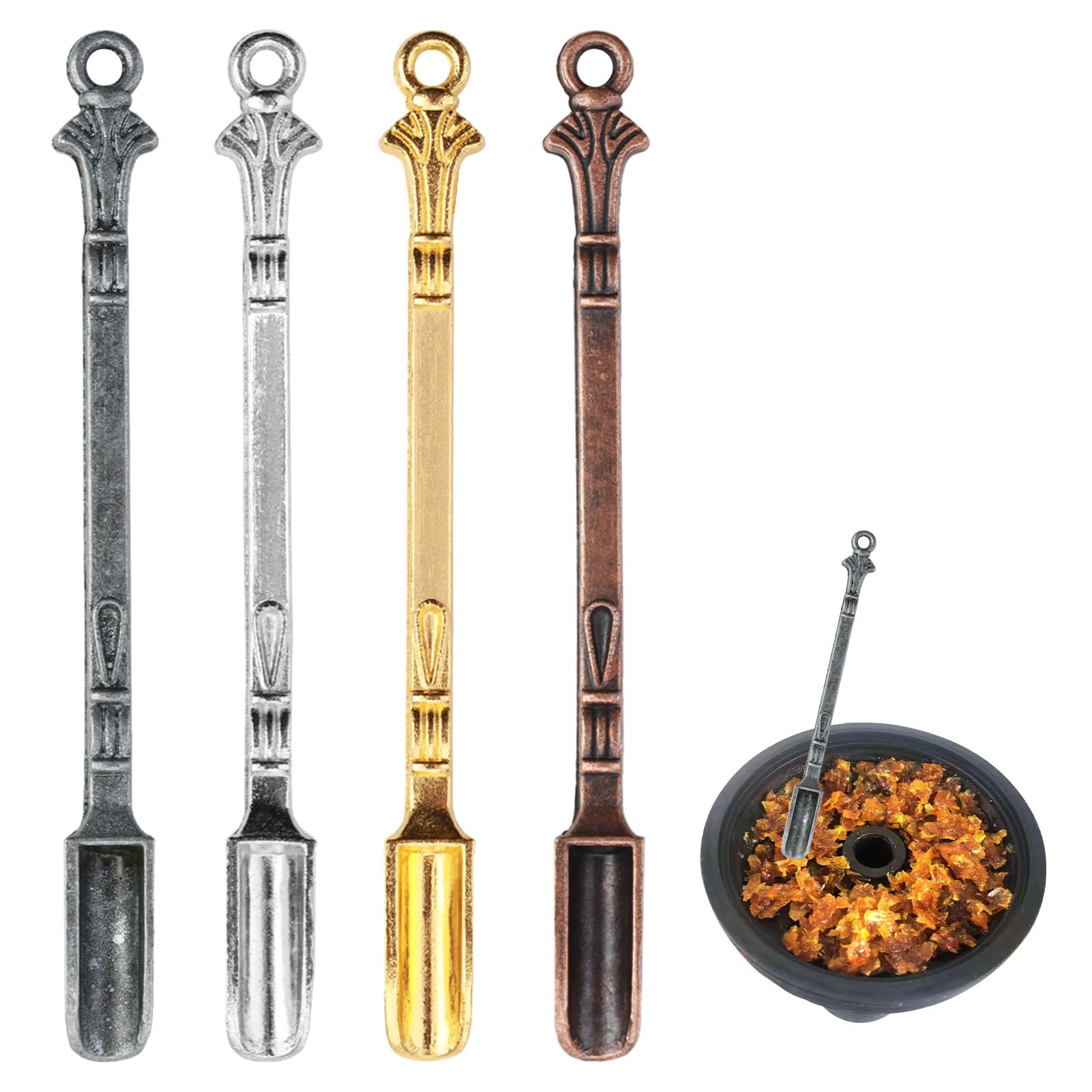 4 PCS Mini Medicine Spoons, Snuff Spoon Set, Portable Small Metal Smoke Shovel Medicine Spoons for Filling Vials with Medicine, Herbs, Salts, Oils, Sand - Silver, Gold, Bronze, Smoke Color (4 Colors)