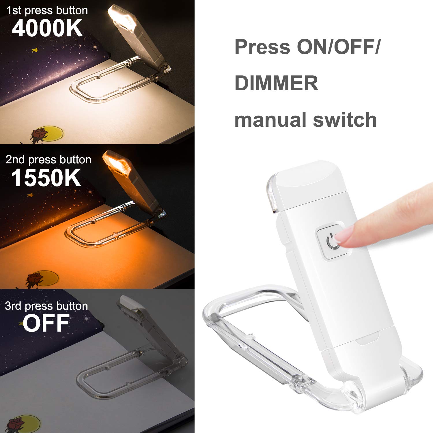 BIGLIGHT Amber Book Reading Light, LED Clip on Book Lights, Reading Lights for Books in Bed, Small Book Light for Kids, USB Rechargeable, 2 Brightness Adjustable for Eye Protection, White