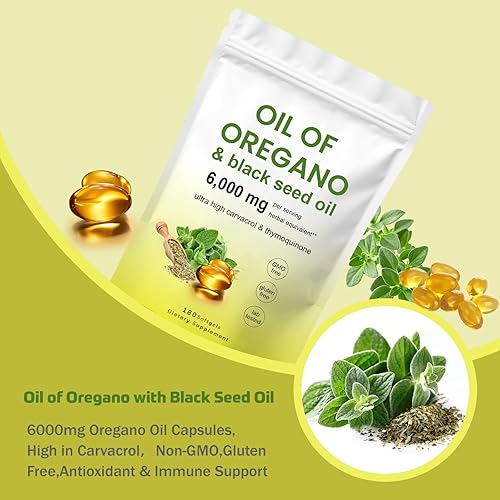Miniatura 2 de Aceite de orégano con aceite de semilla negra, cápsulas de aceite de orégano de 6000 mg, alto en carbohidratos, sin OMG, sin gluten, antioxidante y