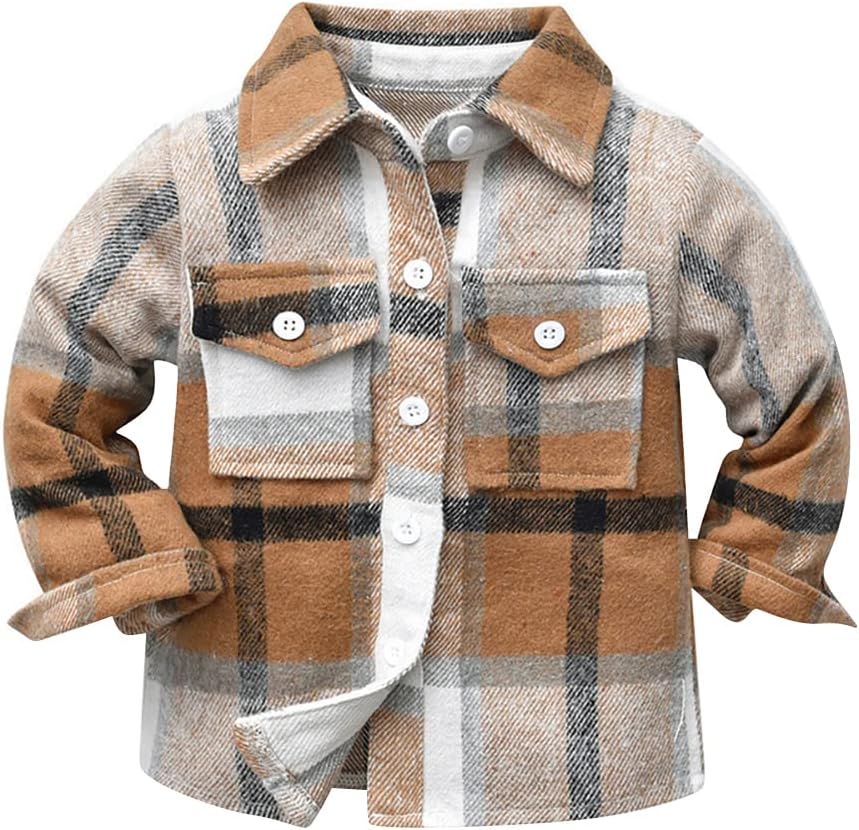 OBEEIIToddler Boys Girls Plaid Flannel Shirts Jacket Long Sleeve Lapel Button Down Shacket Fall Outerwear for Kids