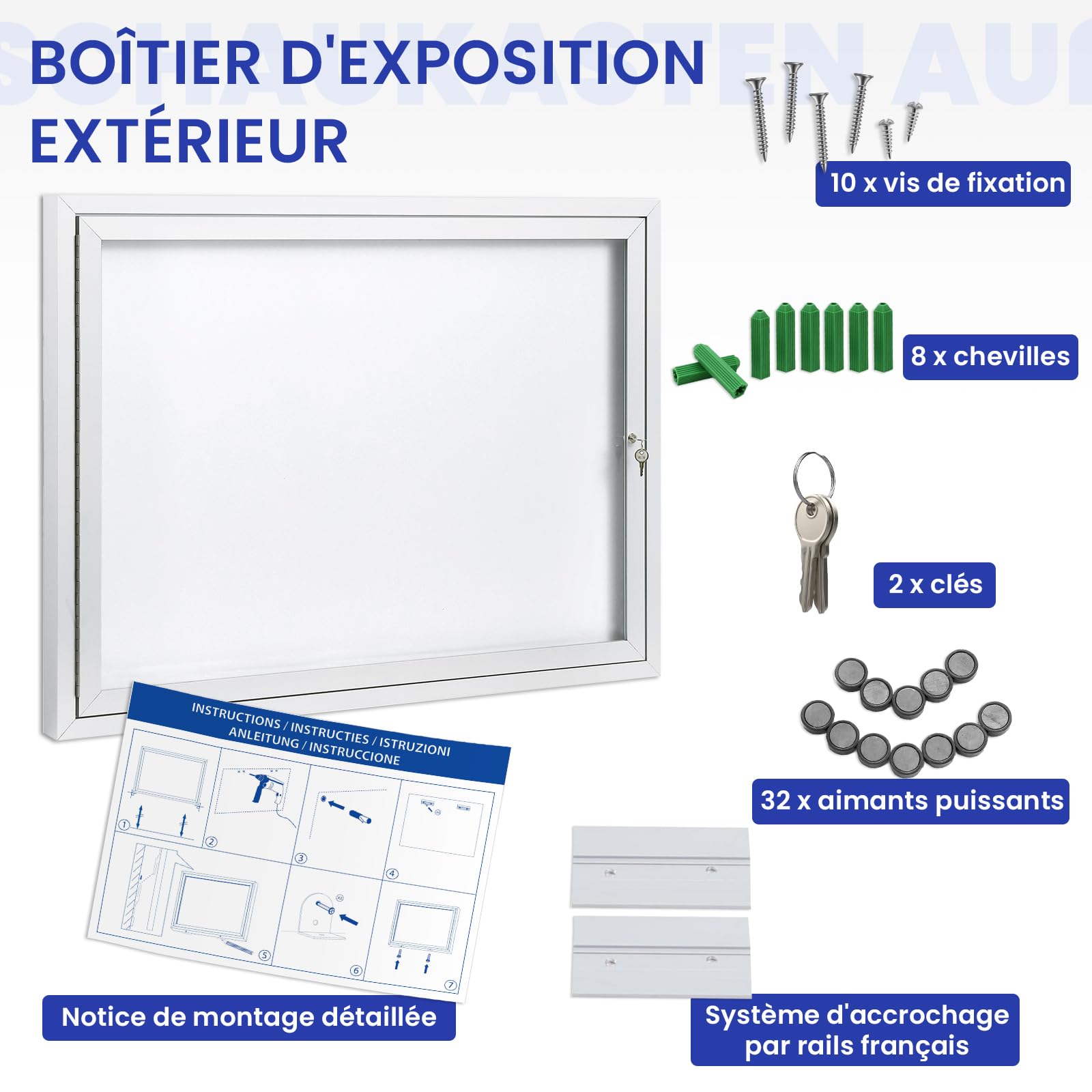 SWANCROWN Panneau affichage exterieur 8 x A4, Mural, Vitrine affichage A1 | Étanche, Magnétique, Verrouillable, Grand, à 2 clés 32 aimants, Dos du tableau blanc, Tableau affichage exterieur entreprises