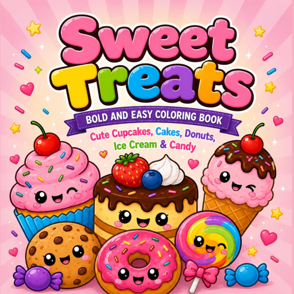 Sweet Treats: Bold and Easy Coloring Book with Cute Cupcakes, Cakes, Donuts, Ice Cream & Candy