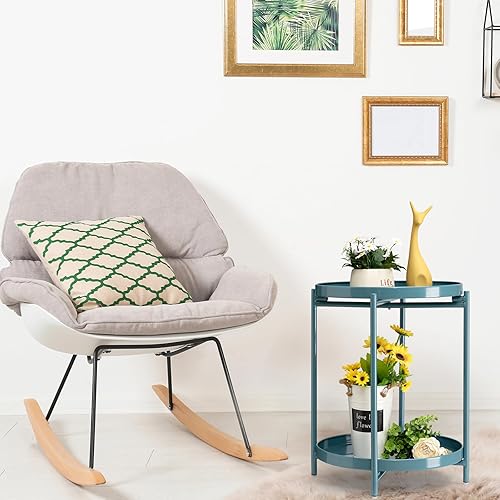 Miniatura 8 de TeoKJ Mesa auxiliar redonda de 2 niveles, mesa auxiliar redonda plegable de metal, mesita de noche pequeña con dos bandejas extraíbles para