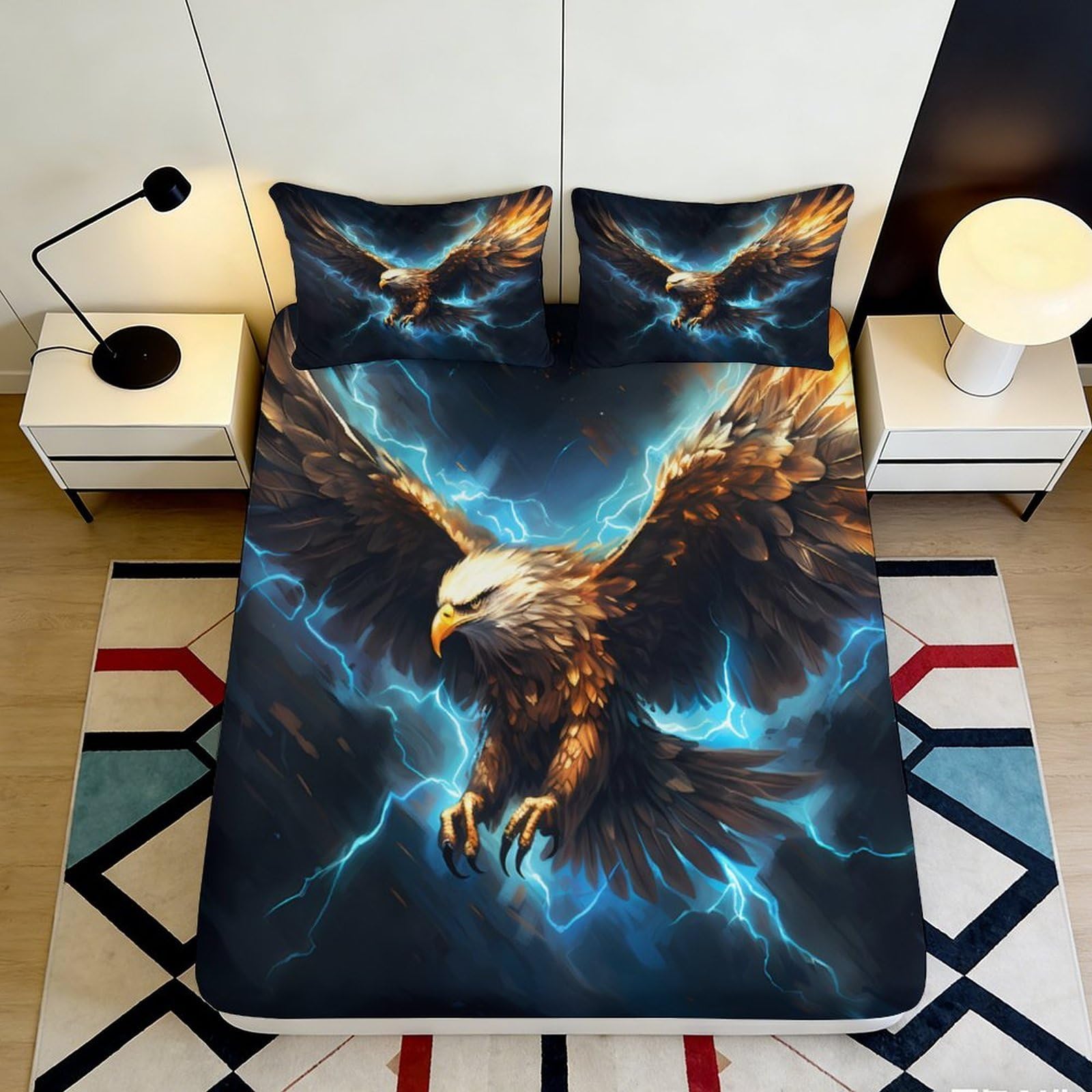 3D Printed Lightning Eagle Fitted Sheet Microfiber Soft Breathable Thunder Sky Bed Cover for Bedroom Guest Room Decor 90x200x25cm