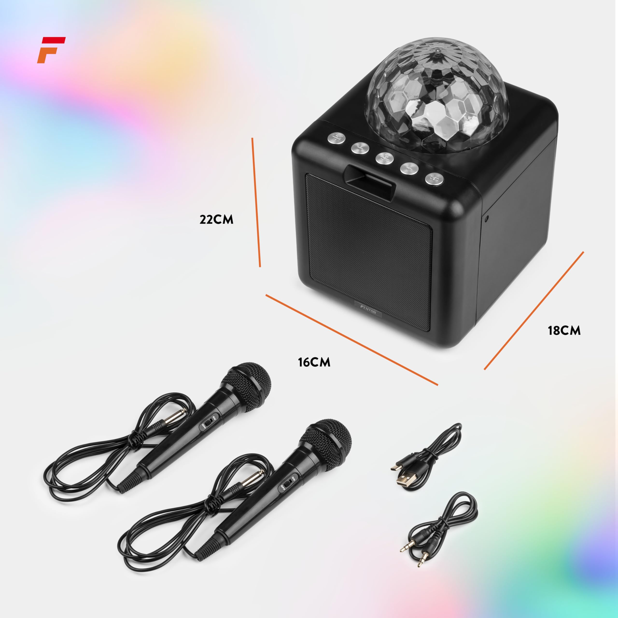 Fenton KAR15B Mobile Karaoke Maschine Kinder mit 2 Mikrofonen, Bluetooth, Akku, LED-Lichteffekte, Echo-Modi & AUX-Eingang - Tragbare Karaoke Box mit USB-C-Kabel, ideal für Partys & Duette - Schwarz