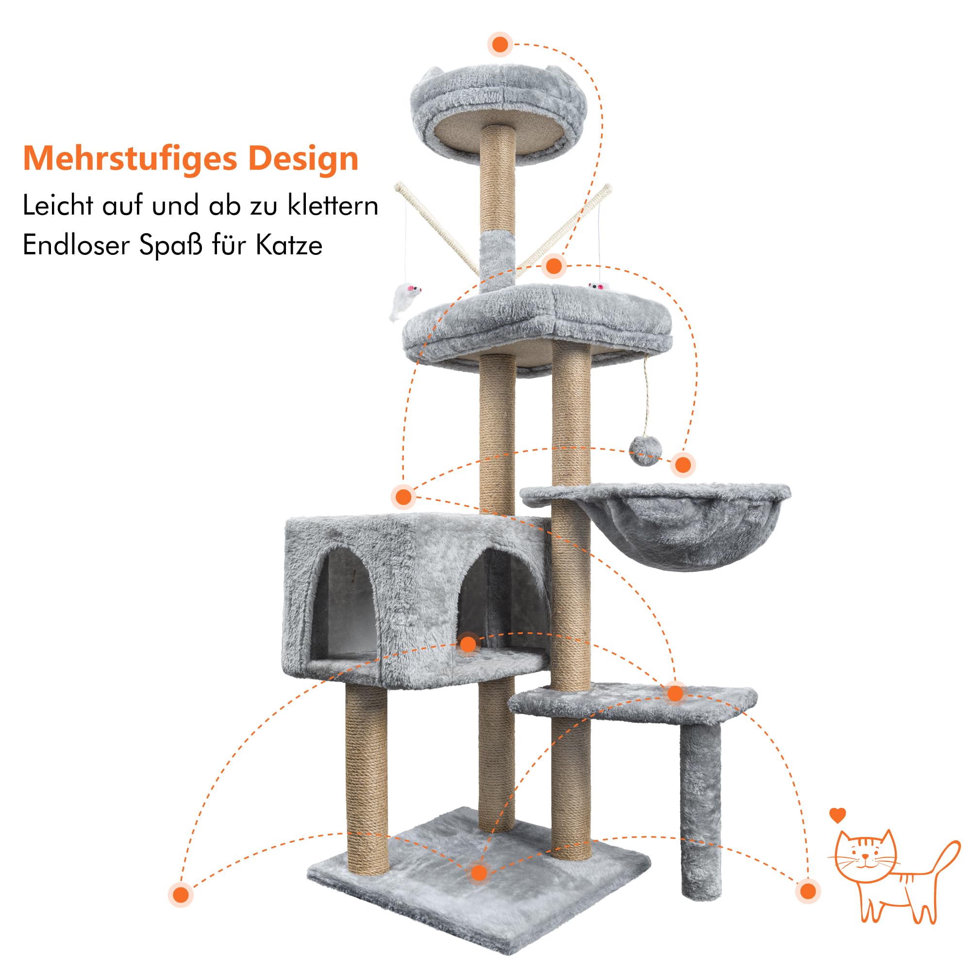 Tiragraffi per gatti, 145 cm, torre da arrampicata, tiragraffi per attività con colonne in sisal, giocattolo per gatti, grotta e piattaforme, per gatti e gattini, grigio