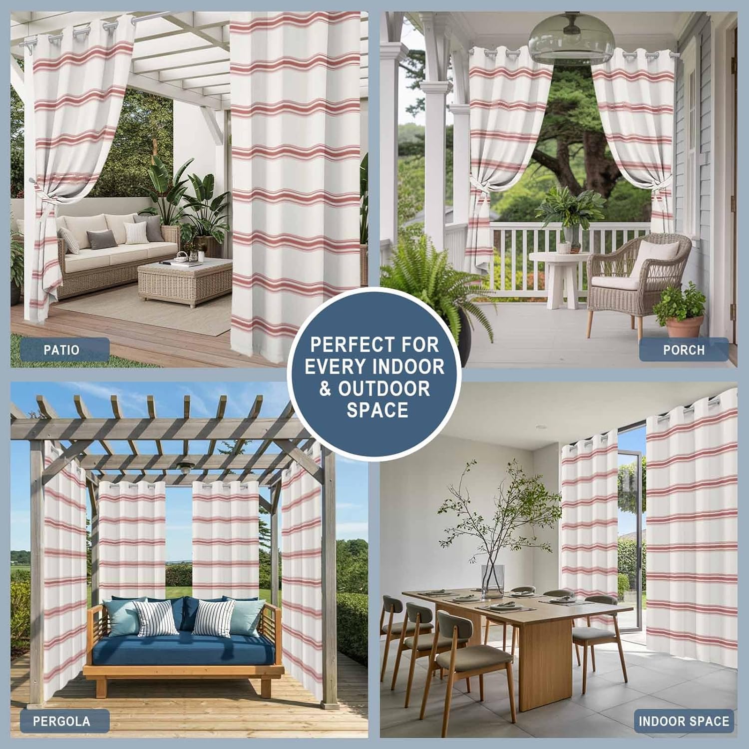 Outdoor Curtains for Patio Waterproof, Red Striped Windproof Pravicy Outside Porch Blackout Curtain, Rustic Red Stripe Modern Art Beige Sun Blocking Curtains for Cabana Gazebo 2 Panels 54"x95"