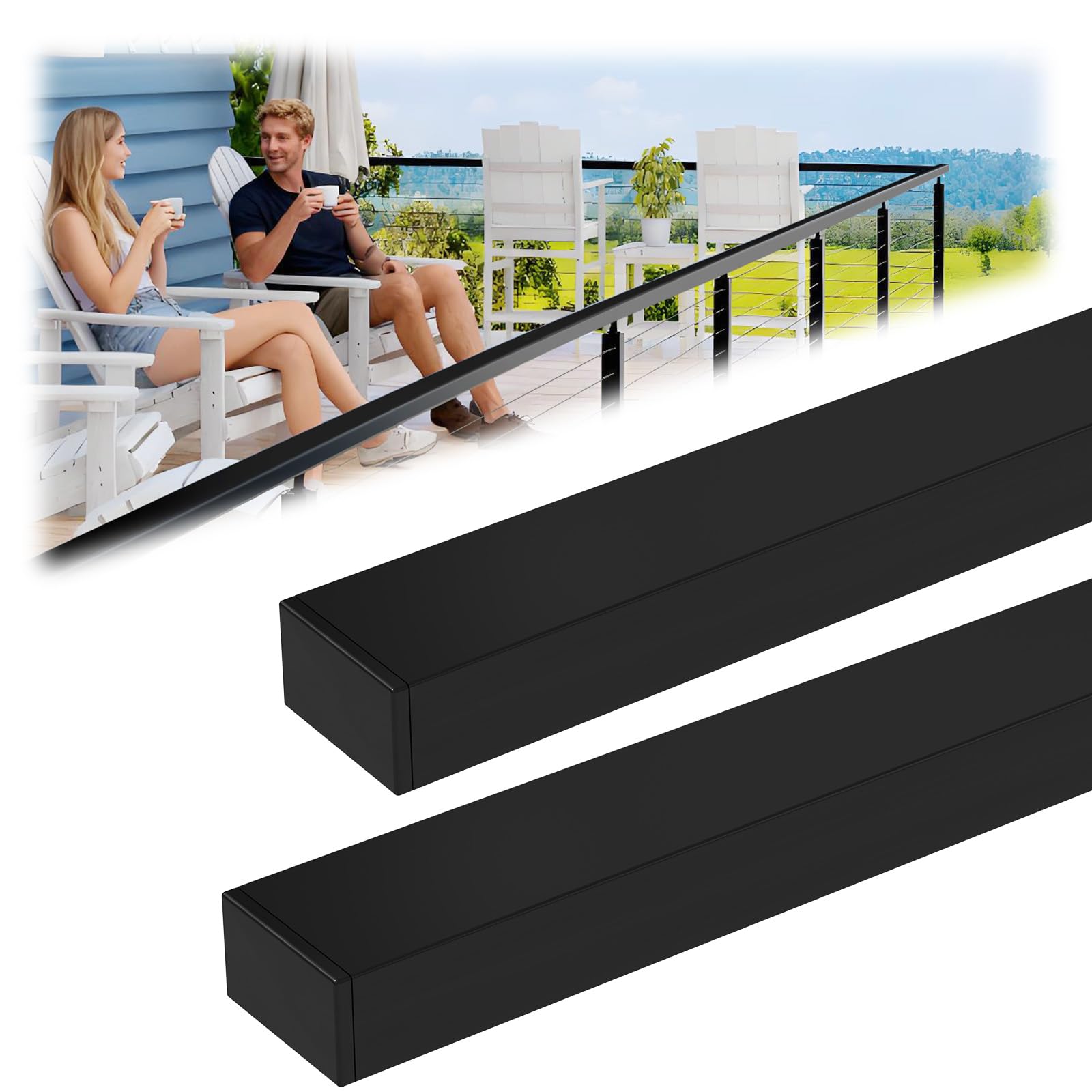 2Pack 10FT Stainless Steel Handrail for Cable Railing System, 2"L X 1"W Rectangular Black Handrail for Deck Railing Kit with End Cap Screw, Adjustable-Length Flat Top Rail for Balcony Hallway