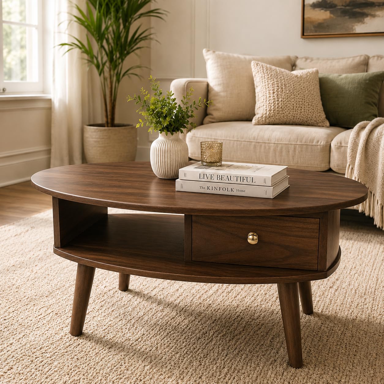 Coffee Table for Living Room | Solid Sheesham Wood Oval Centre Table with Storage Drawer & Open Shelf | Dark Chocolate Finish | 85 x 45 x 45 cm-image-32