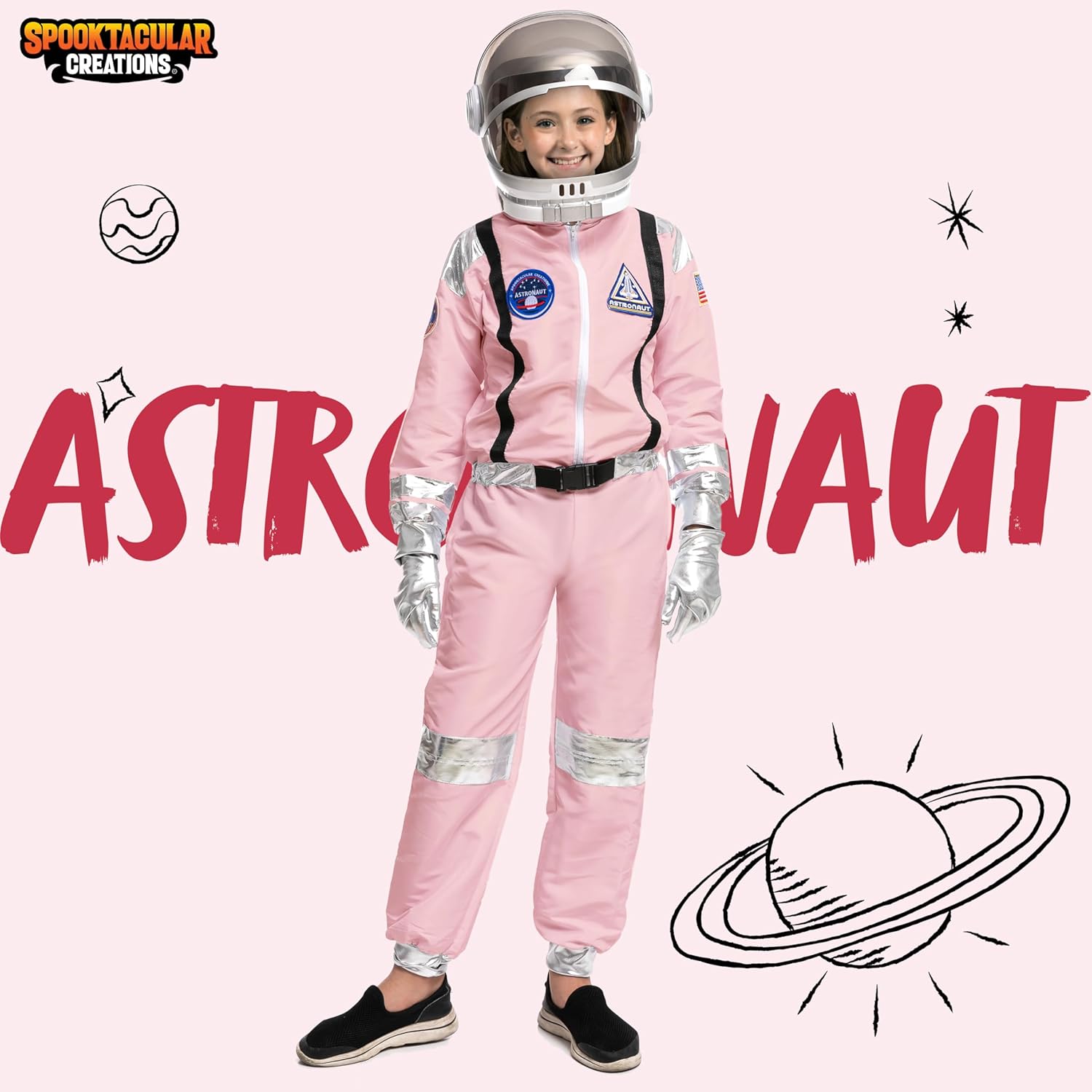 spooktacular creations halloween astronaut costume for kids, unisex astronaut outfit, toddler pilot jumpsuit for themed party pink 3t (3-4 yrs)