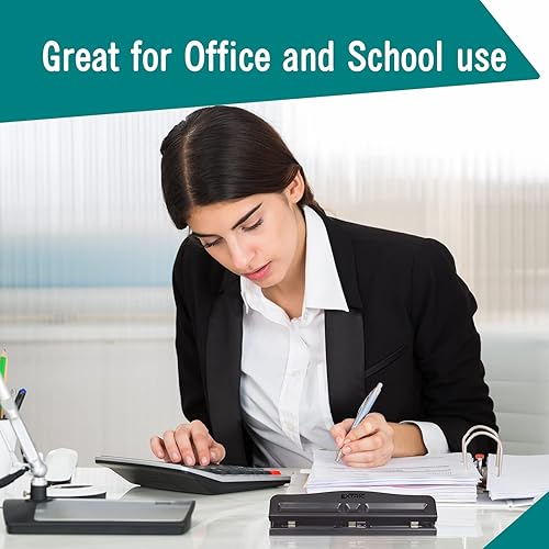 Vista 7 de Perforadora de 3 agujeros, ajustable, perforadora de 3 agujeros para carpeta, capacidad de 10 hojas, perforadora de agujeros de metal negro, 3