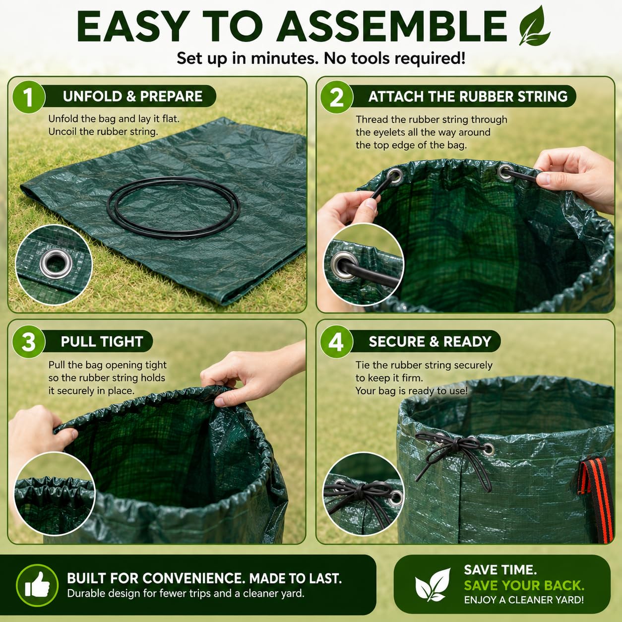 Gardenised Sac à feuilles pliable et robuste de 280 litres avec poignée et pelle robuste pour feuilles – Râteau portable pour couper l'herbe de cour, ramasse-débris de jardin pour l'entretien de la