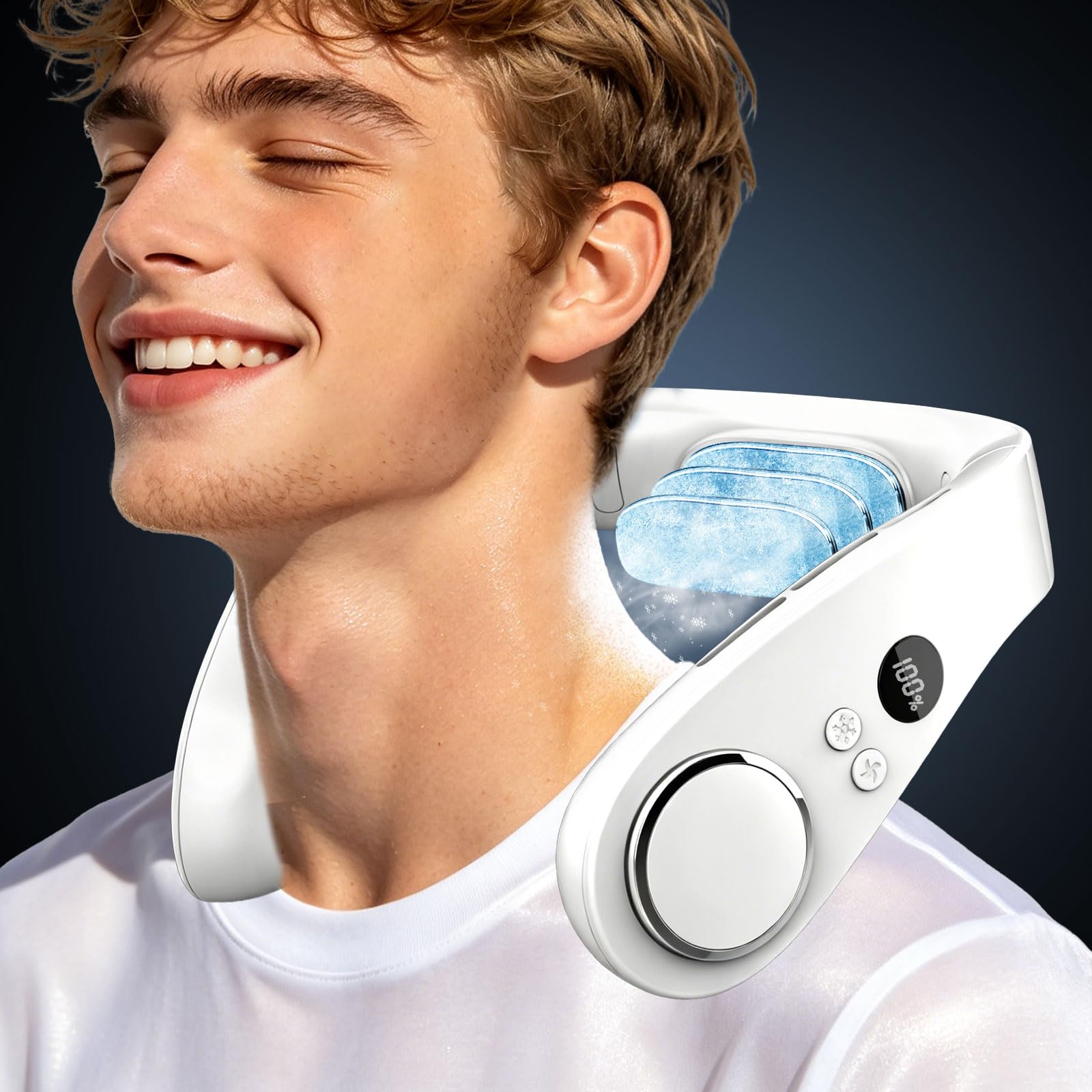 Ventilador de cuello con placa de refrigeración, ventiladores potentes silenciosos de 24 horas que soplan aire frío, pantalla LED de 5 velocidades y potencia, USB de 5500 mAh, sin aspas