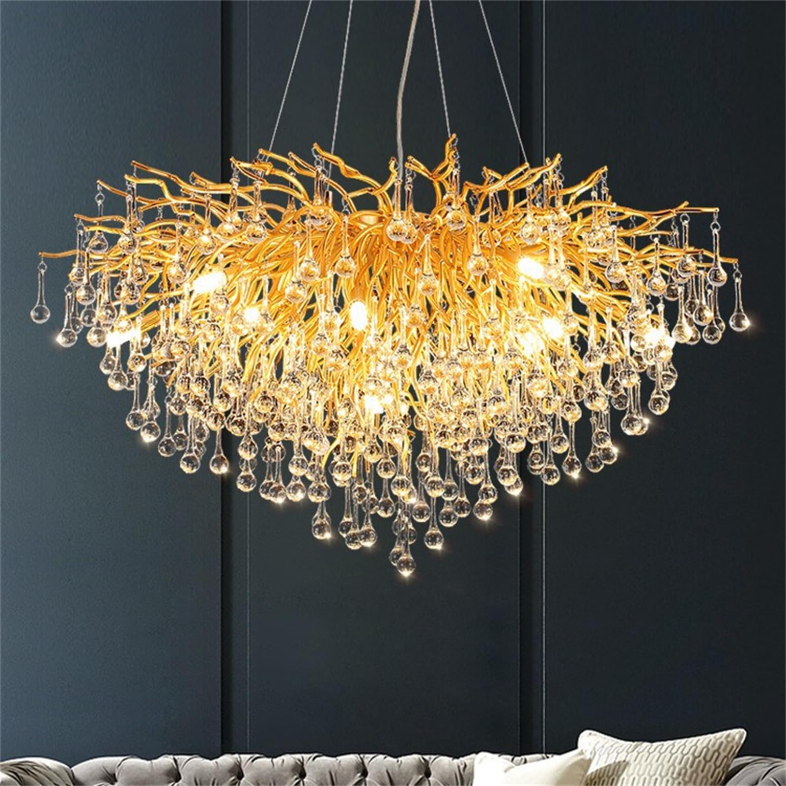KXEcoLife Luxury Raindrop Crystal Chandelier Lighting, D80cm Round Ceiling Pendant Light Fixtures for Living Room, Foyer,Decoration Over Dining Table
