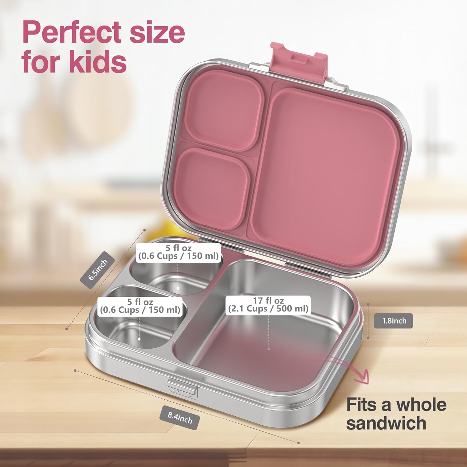 Stainless Steel Bento Lunch Box Kids, 3 Compartments Metal Bento Box Container for Kids Adults, Leak-Proof Lunch Box for Office, Dishwasher Safe, BPA-Free, Pink - Image 2