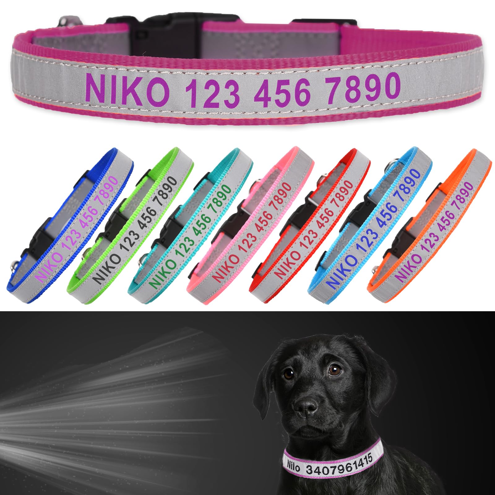 Reflective Personalized Dog Collar - Custom Embroidered Pet Name and Phone Number with Adjustable Nylon Buckle Collars in 5 Sizes XS to XL for Boy and Girl Dogs,Puppy,Rose Red