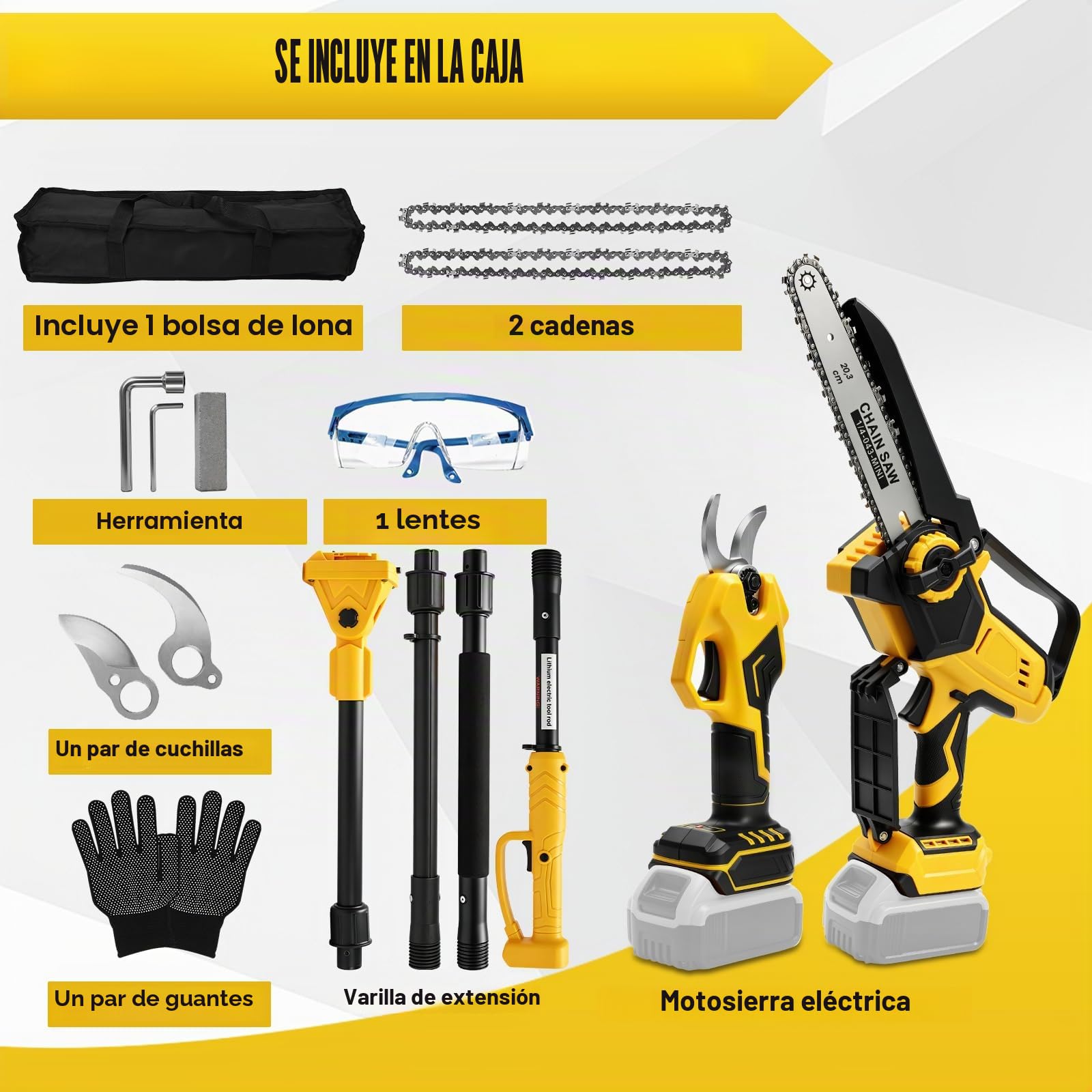 8 Pulgadas Mini Motosierra Telescopica & 28 mm Tijeras de Podar Eléctricas | para Dewalt 18 V, 20 V batería, 4 en 1 Kit de Herramientas de Jardín, Alcance Máximo Hasta 4,5 m