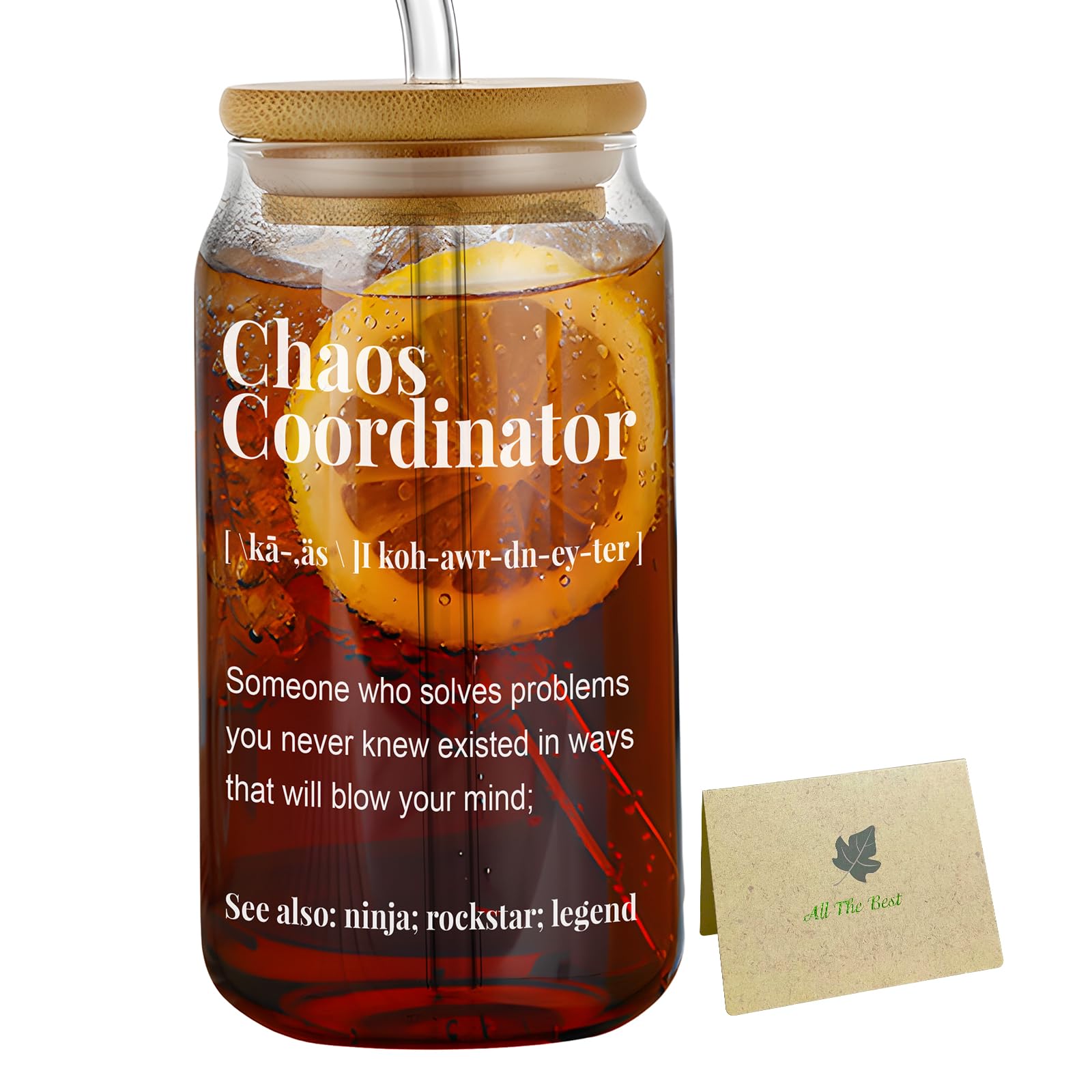 Drinking Glasses with Bamboo Lids and Glass Straw Set - Chaos Coordinator Gifts - 16oz Can Shaped Glass Cups, Beer Glasses, Iced Coffee Glasses, Thank You Gifts for Women, Coworker, Boss Lady Gifts