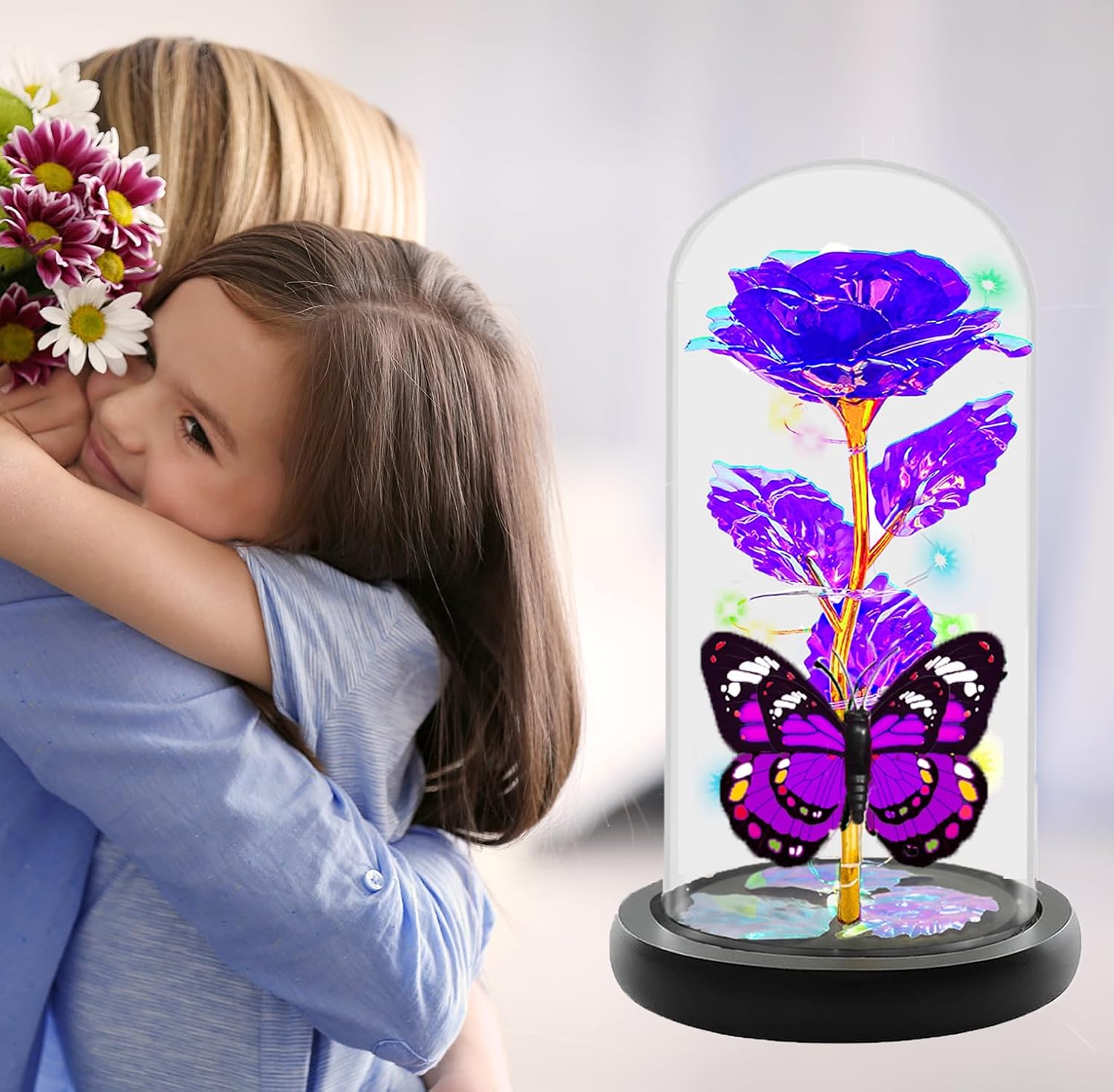 Mothers Day Rose Gifts for Mom, Birthday Gift for Women, Galaxy Crystal Light Up Rose Flowers in A Glass Dome with Butterfly, Mother Day Flowers Gifts for Wife Daughter Grandma Sister Presents Purple