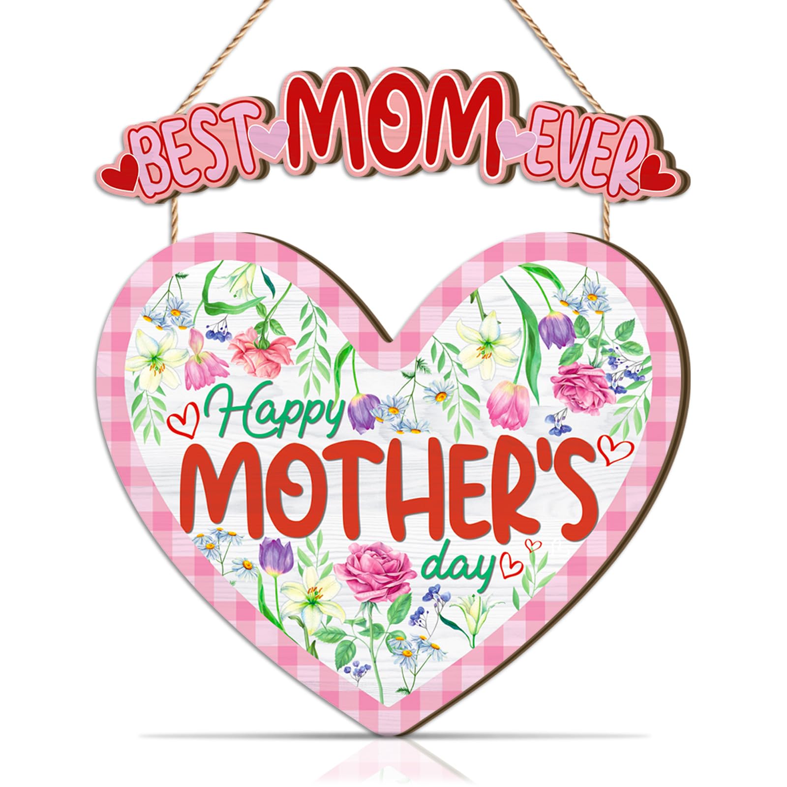 TOARTi Happy Mother's Day Wooden Sign Vintage Heart-Shaped Best Mom Ever Pink Flower Wall Decor Floral Wreath Decor Gift for Mom Grandma Rustic Mother Gift Sign for Home Front Door