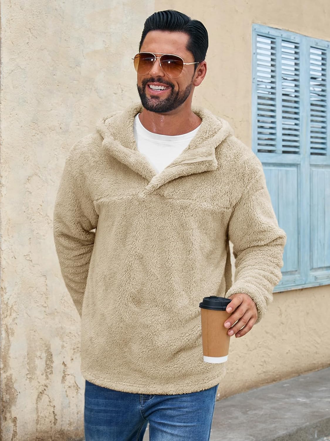 Runcati Mens Fuzzy Sherpa Hoodies Pullover Quarter Zip Long Sleeve Sweatshirts Fall Winter Outwear Casual Fleece Hooded - Image 2