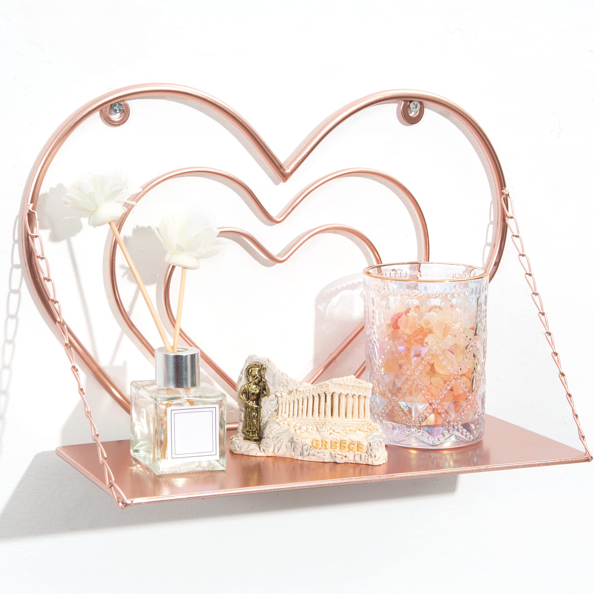 Mazjoaru Rose Gold Floating Shelves Multi-layer Heart Design small Wall Hanging Shelves, Cute Pink Metal Chain Wall Mounted Storage for Home Child's Bedroom Living Room Children’s Nursery