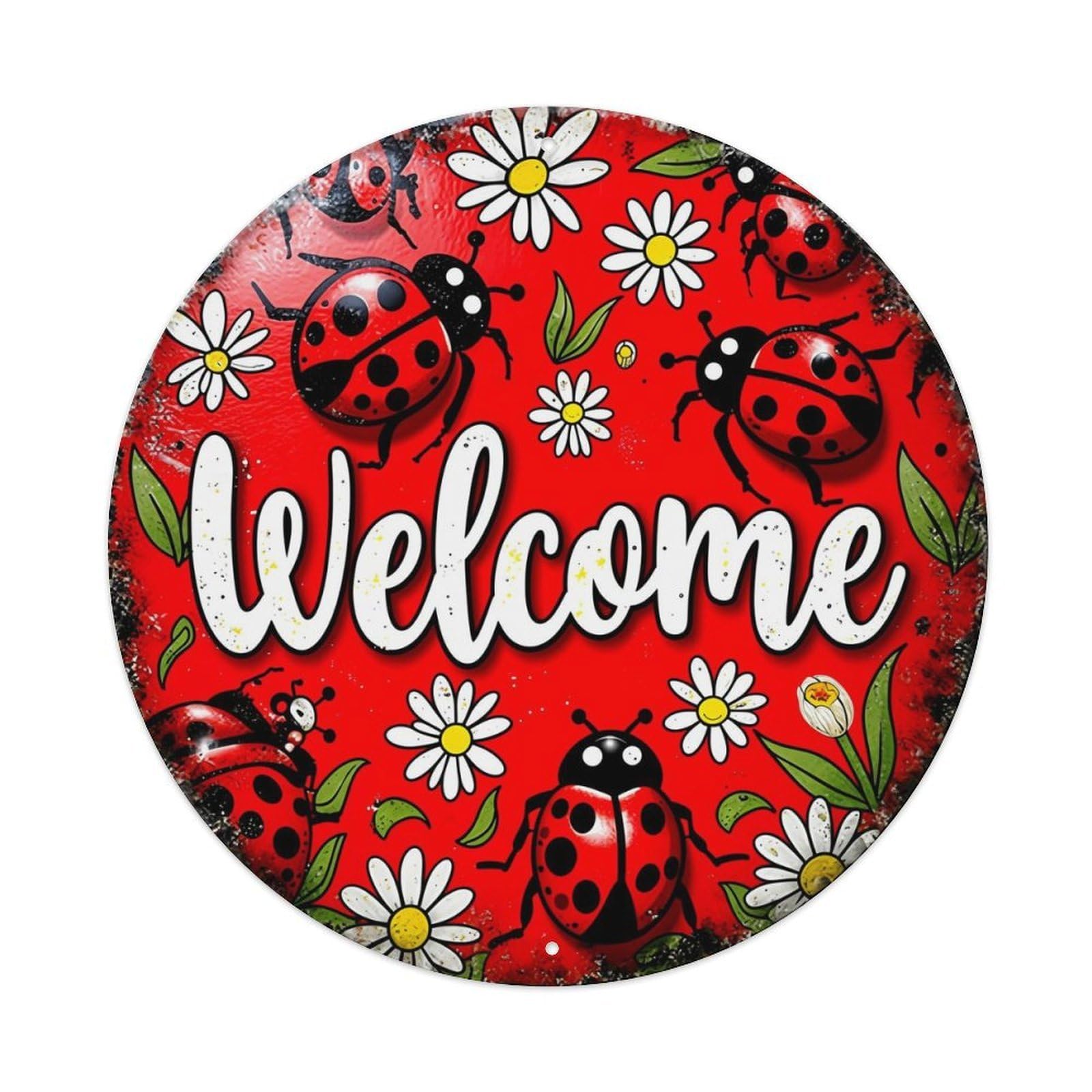 Iageret Vintage Ladybugs Daisies Welcome Red Green Round Metal Tin Sign Wall Decor, Bar Garage Cafe Kitchen Home Wall Art Poster 8X8inches
