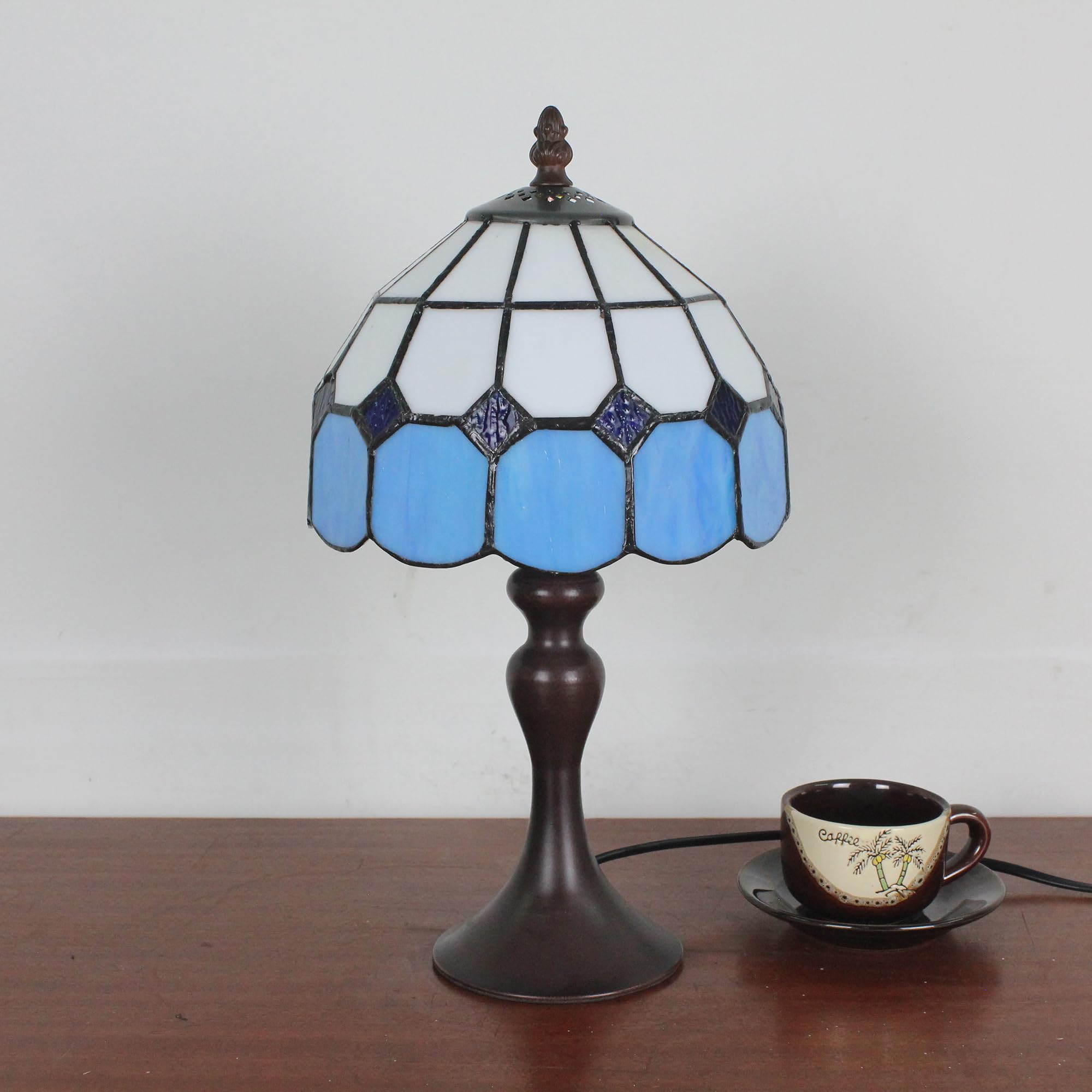 Tiffany Tischlampe Mediterraner Stil Blau, Mehrfarbiges Glas Mini Lampe für Schlafzimmer, 8 Zoll Klassisch Handgemacht Tischlampe Vintage für Kinderzimmer [Ohne Glühbirnen]
